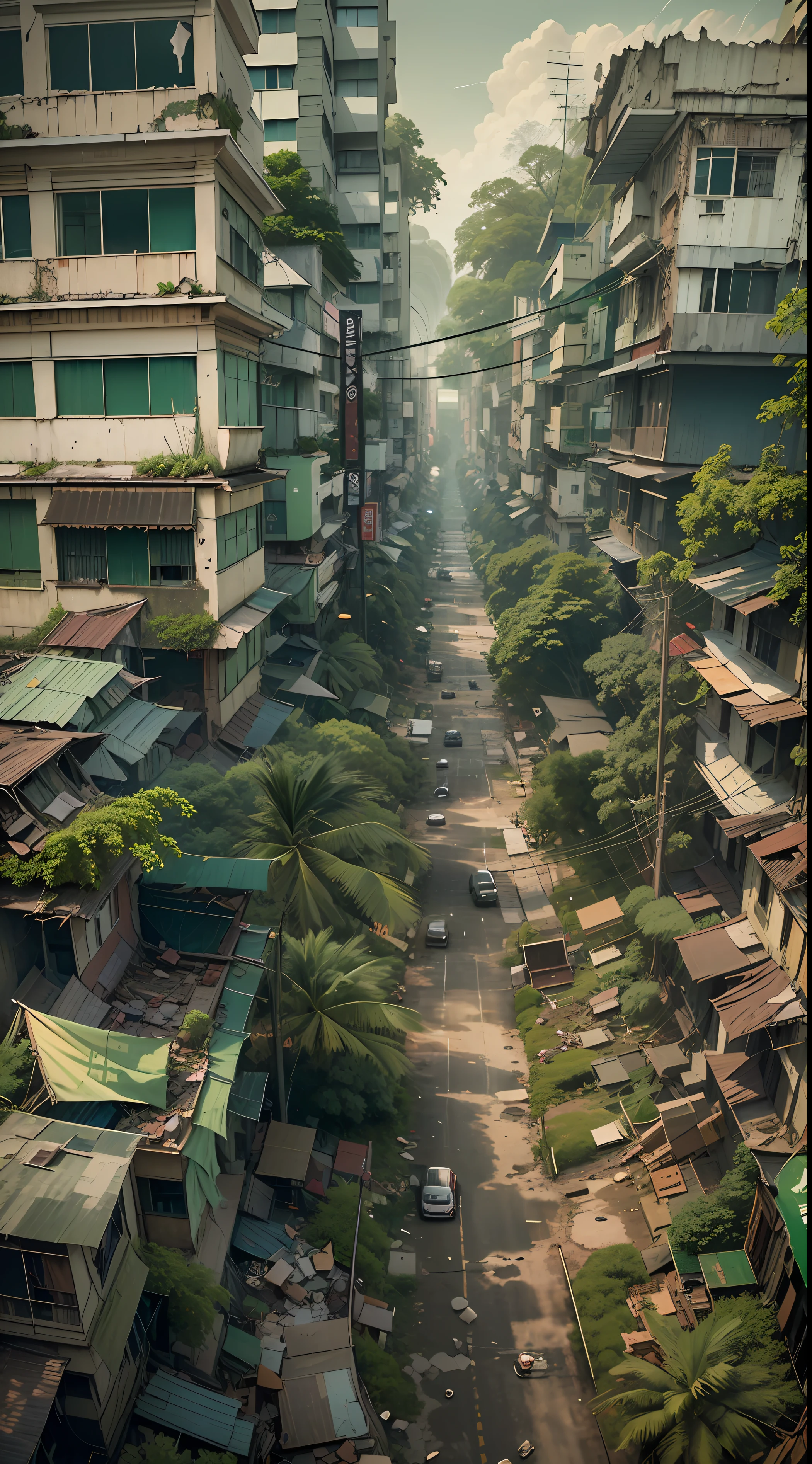 The large many building with a lot of fire in the air, destroying a ((myanmar:1.2)), ((yangon:1.2)) cityscape, apocalyptic art, destroyed (("yangon")) city on fire, destroyed ((myanmar "yangon")) city, digital concept art of dystopian, apocalyptic ((myanmar)) city, destroying a ((myanmar"yangon")) city, apocalyptic 8 k, apocalyptic 8k, apocalyptic city ((pagoda)) backround, apocalyptic architecture design, dystopian digital art, destroying((yangon)) city, ((yangon)) city destruction, apocalypse art, ( apocalyptic ) 8 k, the damaged roads and show signs of neglect, with potholes and collapsed pavements making it difficult to live, the city of ((yangon,myanmar)) streets now are overrun by plants and weeds. Vines cover the walls of buildings, as nature seemingly reclaims the city that humans left behind. The destructive yet life-giving force of nature can be seen with plants taking over the streets and trees reaching over and consuming the buildings.