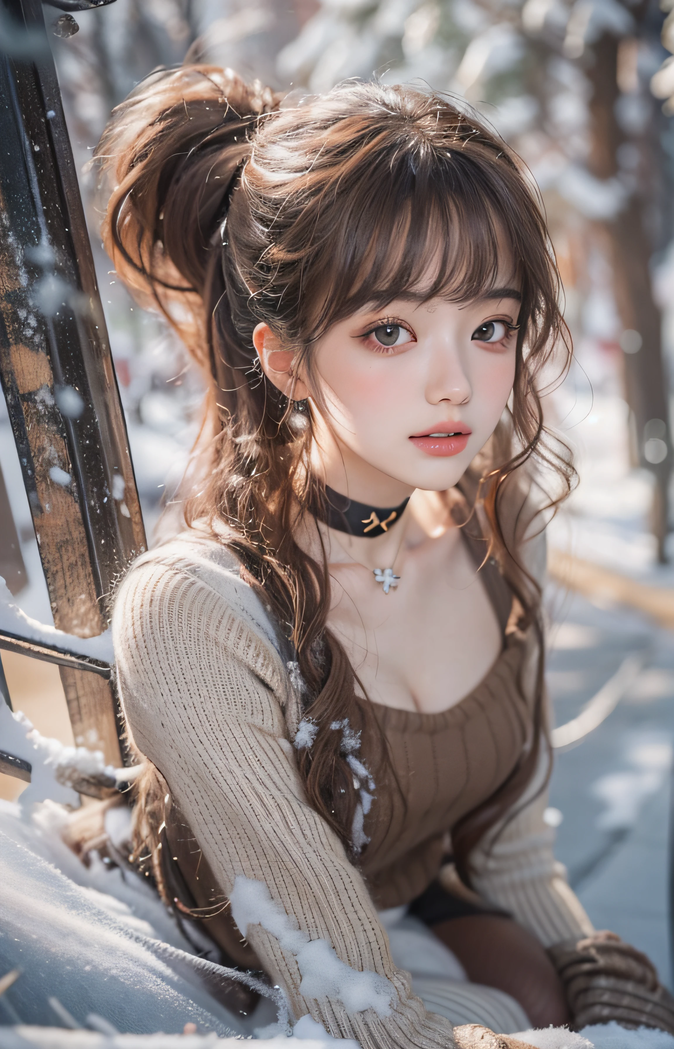 (Best Quality Detail:1.2),Realistic,8K UHD,High Definition,(1girl in:1.2),ultra-detailliert,high quality texture,Intricate details,Detailed texture,Finely detailed,high detailing,extremely details CG,high quality shadow,Detailed beautiful delicate face,Detailed beautiful delicate eyes,depth of fields,Ray tracing,in her 20s,Pretty Kpop Girl,(korean ulzzang face:1.1),Slender face,(ulzzang -6500-v1.1:0.6),pureerosface_v1,gloweyes,blush,Glossy lips,Perfect body, (Choker,cleavage,Sweaters, pantyhose:1.1), (Brown hair, Ponytail:1.1), Winters_Street, Snow_Particle, Christmas,1boy, , crouching cowgirl, vaginal, POV,
Looking at Viewer
