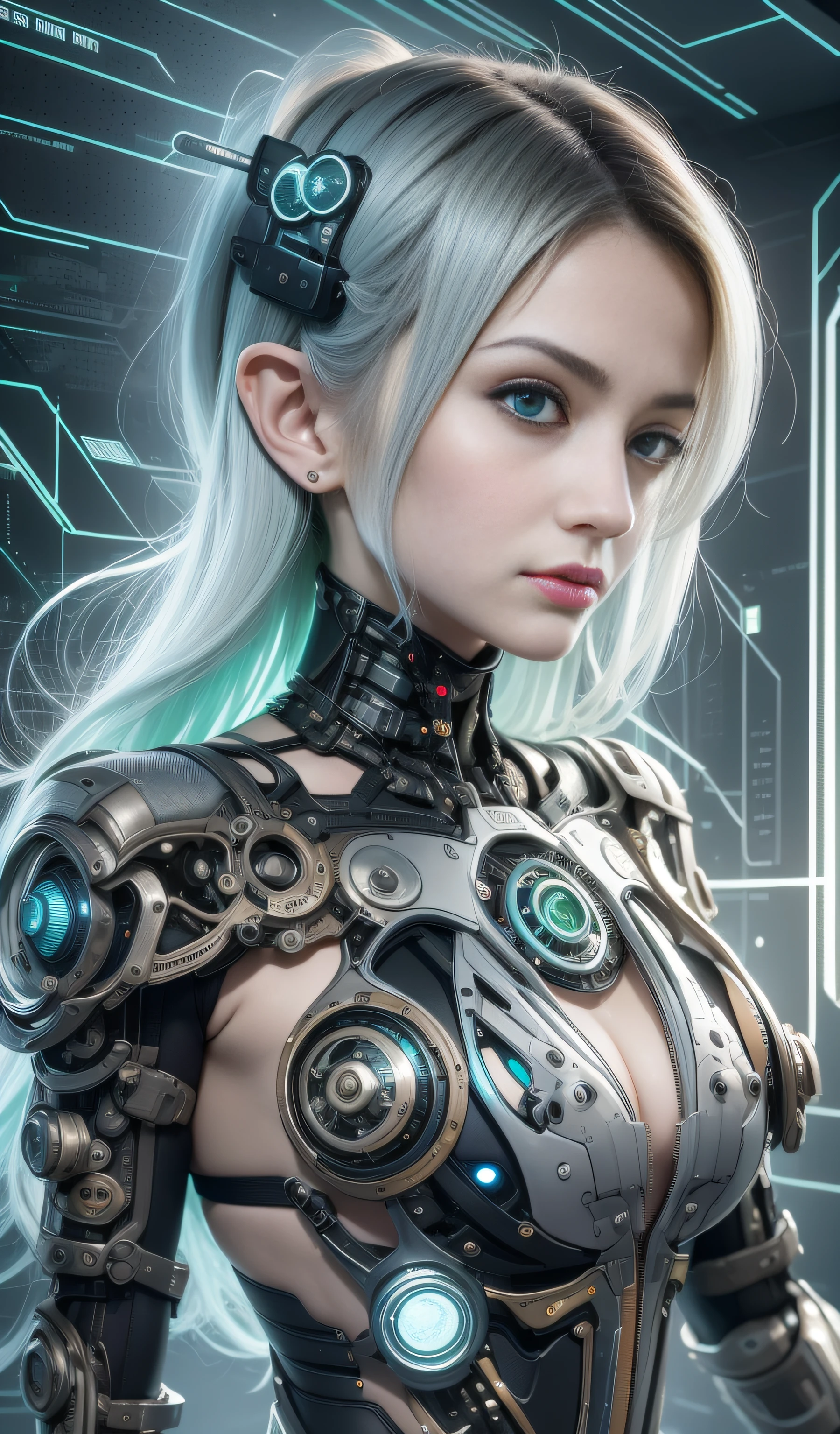 Ultra Detalhe, alta resolução, Ultra Detalhado, melhor qualidade, Awesome, qualidade superior, extremamente detalhado CG unidade de papel de parede 8k, cinematic lighthing, Link Cyberpunk o Zelda, Cyberpunk,  escuro, roupa verde, armadura verde, Berde Neon, cabelo louro, elfo
POSITIVAS---- VARIADAS===Surprisingly detailed and realistic that blurs the boundaries between man and machine. Enter a world where the line between organic and synthetic beings becomes increasingly indistinguishable. A tecnologia "Real Mechanical Parts" It allows individuals to transcend their biological limitations and embrace a new era of enhanced capabilities. Whether it's the precision and strength of robotic limbs, the computational power of cybernetic implants or the sensory enhancements that bridge the gap between humans and machines;, these mechanical augmentations offer unprecedented possibilities. As society grapples with the ethical implications and social impact of this innovative technology, a multitude of stories unfold. The narrative delves into the personal journeys of those who choose to undergo transformation, exploring their motivations, aspirations and the profound consequences of merging with technology. The images produced through 'Real Mechanical Parts' capture the intricate details and nuances of these cybernetic enhancements, depicting a fusion of human and machine that challenges traditional notions of identity and existence. Beyond the personal stories, temas maiores emergem dentro desse mundo. Questions arise about the accessibility and affordability of such transformative technology, the divide between those who embrace augmentation and those who remain purely human, and the ever-present debate on the ethical boundaries of human-machine integration. The society portrayed in this world deals with the profound implications of "Real Mechanical Parts" as it reshapes the fabric of everyday life. In the midst of these complex dynamics,