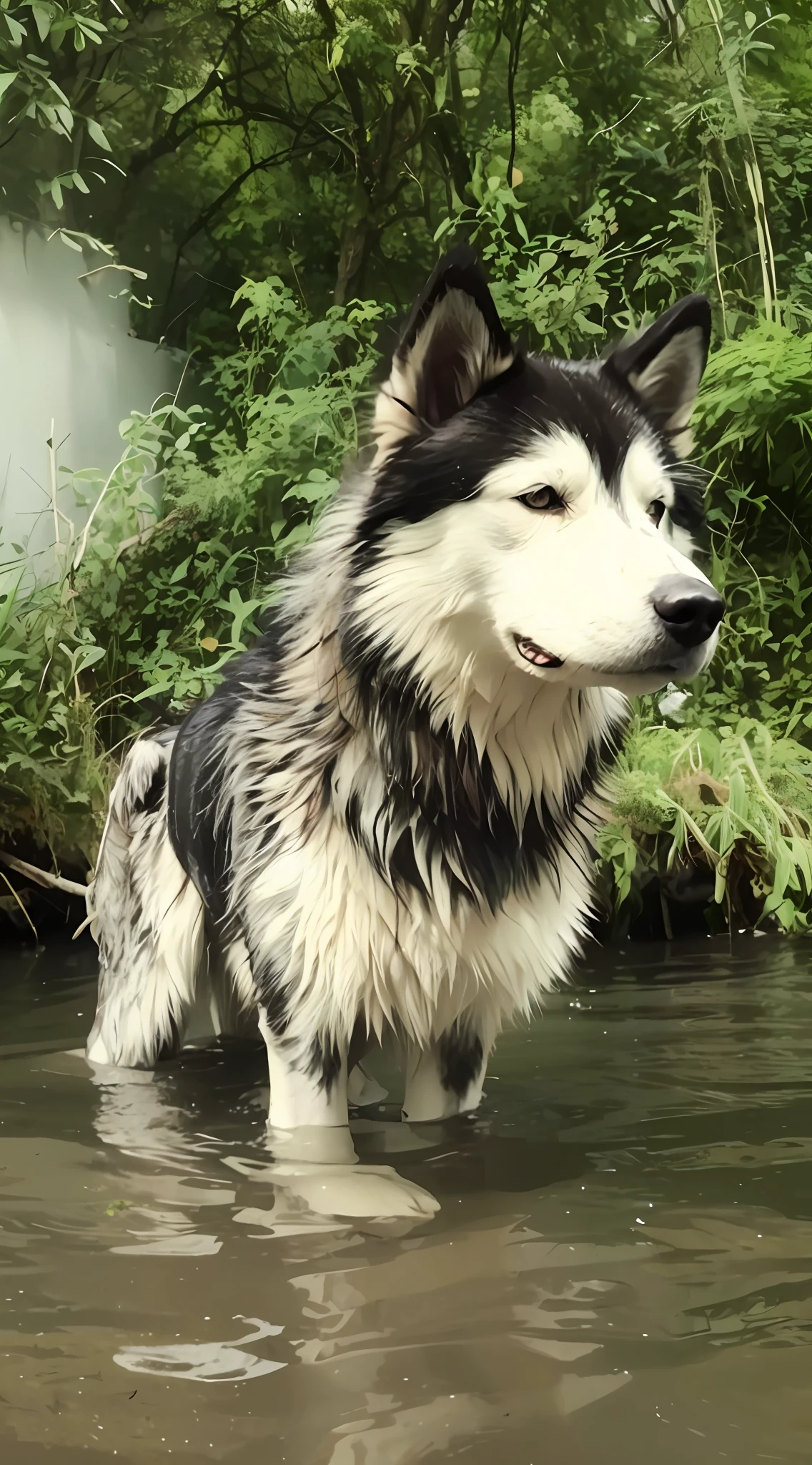 There is a dog that is standing in the water, photo of No or, pelo molhado, River in front of you, husky siberiano, husky, husky dog, Lobo cinzento escuro O'Donnell, Big No or, Husky em armadura brilhante, olhar orgulhoso, No or, Vista deslumbrante, Pelo enlameado, No or furry, um bonito, Foto do perfil, a No or anthropomorphic,mejorar fotografia , cinematica 8k,