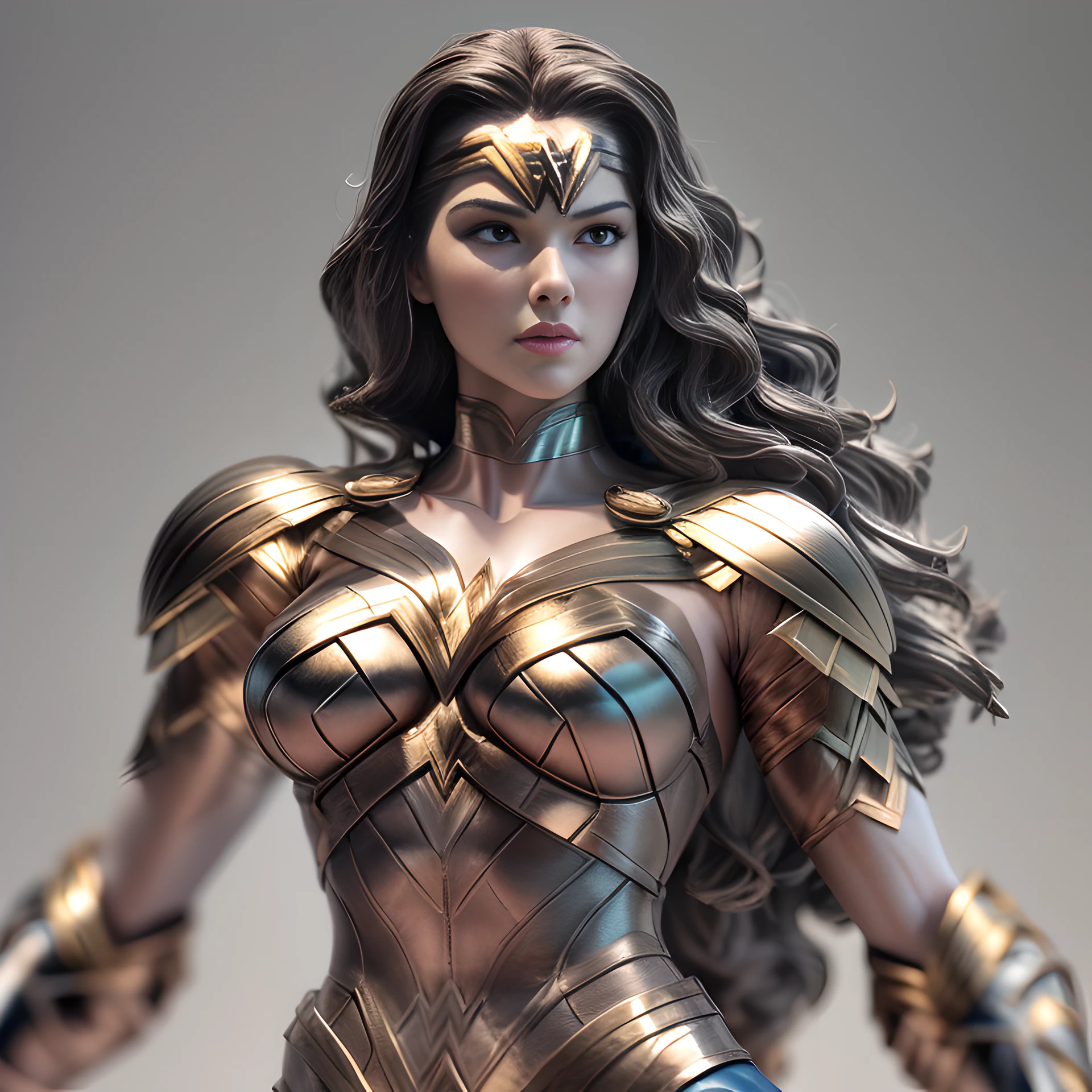 （Tilt-Shift:1.4),Mechanical style,Gold Theme,(1 Machine Female Wonder Woman ,Anatomically accurate.,s whole body, ,Wonder Woman Uniform, Muscular, demure, Standing,Circular base),black and white background, (3d rendered,Best Quality, high detailed, Masterpiece, offcial art, Cinematic lighting, 4k, chiaroscuro)