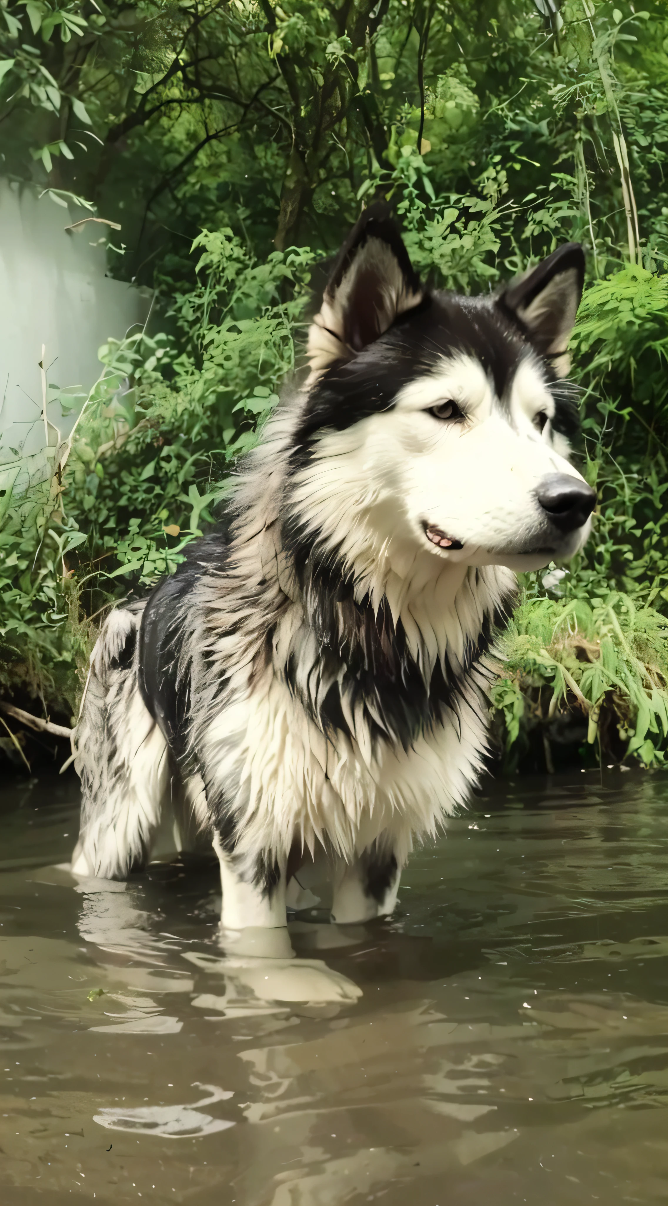 There is a dog that is standing in the water, photo of No or, pelo molhado, River in front of you, husky siberiano, husky, husky dog, Lobo cinzento escuro O'Donnell, Big No or, Husky em armadura brilhante, olhar orgulhoso, No or, Vista deslumbrante, Pelo enlameado, No or furry, um bonito, Foto do perfil, a No or anthropomorphic,mejorar fotografia , cinematica 8k,