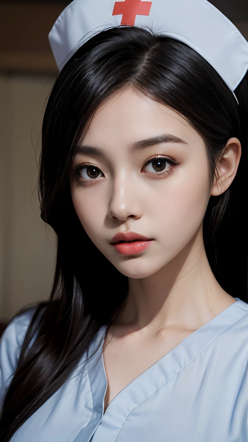Slender Asian girl, kpop idol, ((nurse)), in the medical ward, ((top quality, 8k, masterpiece: 1.3)), crisp focus: 1.2, beautiful woman with perfect figure: 1.4, highly detailed face and skin texture, detailed eyes, ((skinny)), beautiful face, symmetrical face, full-length, sexy