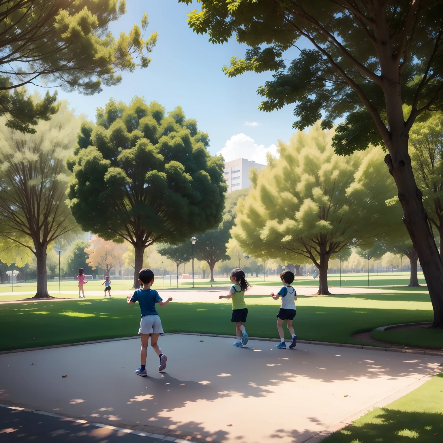 Children exercising in a park, trees behind, sol bem forte, sem erros nos dedos e rostos bonitos alegres e super realista, para um livro infantil