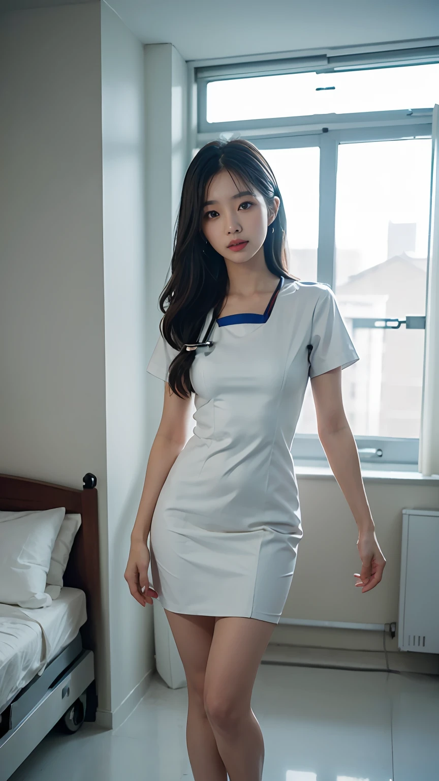 Slender Asian girl, kpop idol, ((nurse)), in the medical ward, ((top quality, 8k, masterpiece: 1.3)), crisp focus: 1.2, beautiful woman with perfect figure: 1.4, highly detailed face and skin texture, detailed eyes, ((skinny)), beautiful face, symmetrical face, full-length, sexy