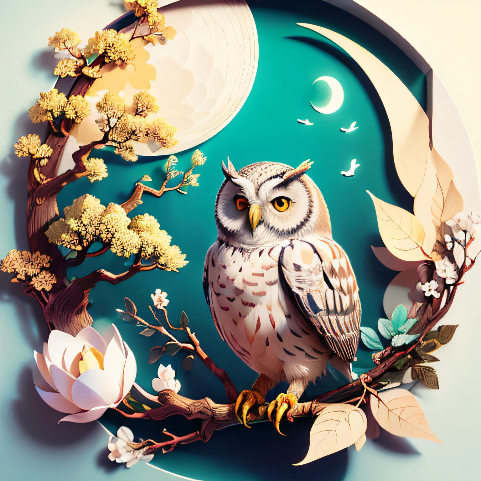 (((obra maestra))),bestquality,illustration,beautifuldetailed, paper_cut, owl, tree, luna, ojos bien formados