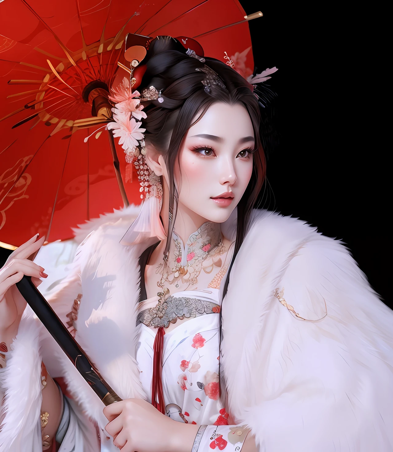 best qualtiy, tmasterpiece, Ultra-detailed high resolution, (Photorealsitic:1.4), RAW photogr, illustratio, 1 girl with a weapon, (Solo exhibition:1.2), (cowboy lens:1.2), (Hair crown:1.2), Traditional costumes of Dunhuang, China, No shoulder strap, (Red eyeliner:1.2), (:1.4), 耳Nipple Ring, Dynamic Angle, opera house, Messy_Long_Hair, ink, 电影灯光, lens_flare, velvet, chrysanthemums, nipple tassels, Ribbons, color embroidery, ((mediuml breasts)), wearing white robes with, Ancient Chinese woman holding a red umbrella, Perfect female face, beauty geisha, female geisha girl, Wonderful young girl, hyper HD, attractive smile, Ukiyo-e, Anime style, Super detail, Best quality, High details, masterpiece, 8k