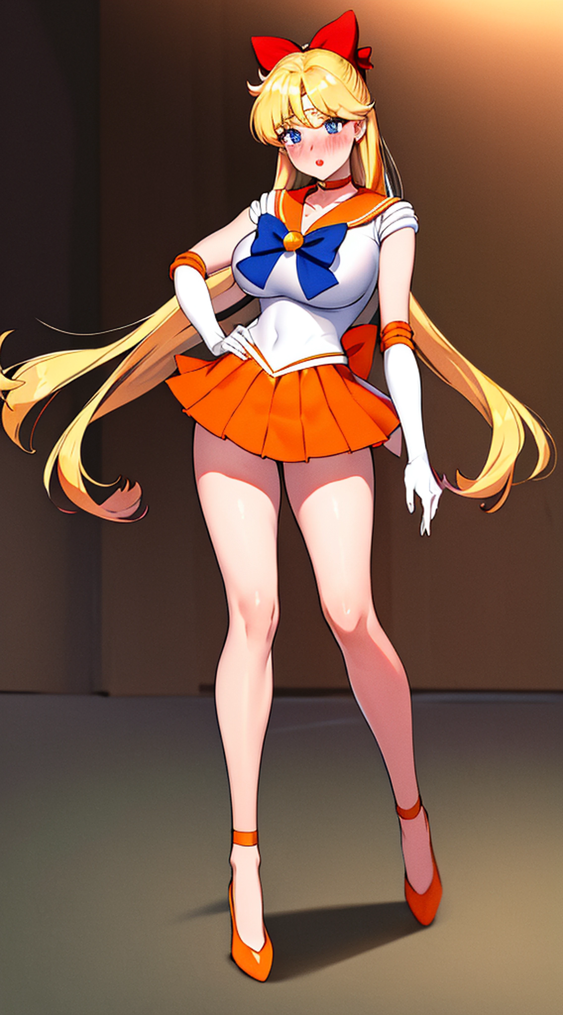masterpiece, top-quality, Hi-Res, venus1, 1girl in, 独奏, Sailor Senshi Uniform, sailorvenus, Minako Aino, blonde hair, magical little girl, blue eyess, Orange skirt, elbowgloves, tiarra, pleatedskirt, Hair Ribbon, orangesailorcollar, a miniskirt, a choker, Red bow, orangechoker, white glove, Very long hair, jewely, 耳环, cowboy shot, ((red blush))、((Big breasts))、((full body Esbian))