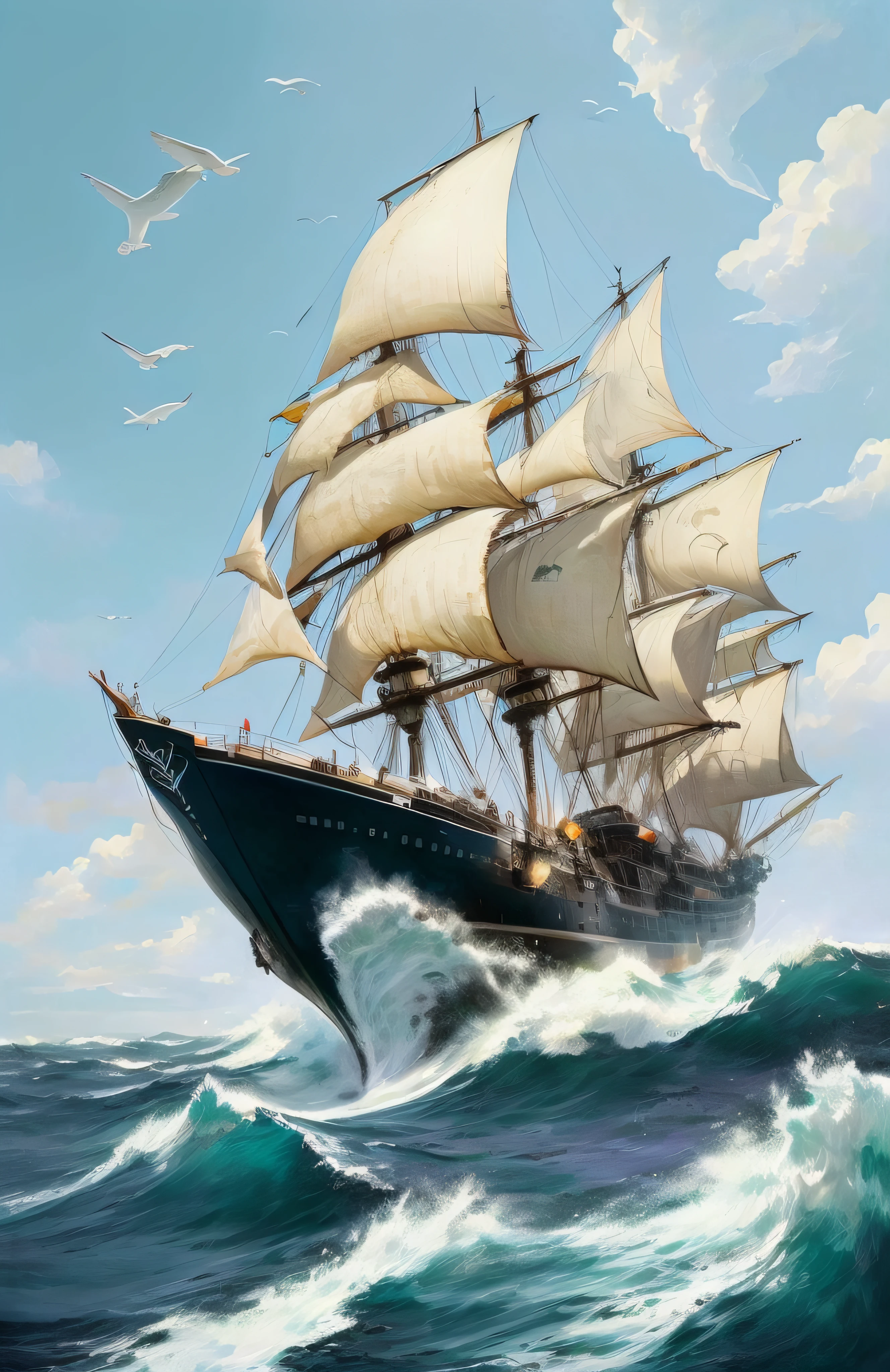 Futuristic boat flying through the clouds surrounded by seagulls and hot air balloons and below a curled sea with a multitude of high waves and swimming sharks
