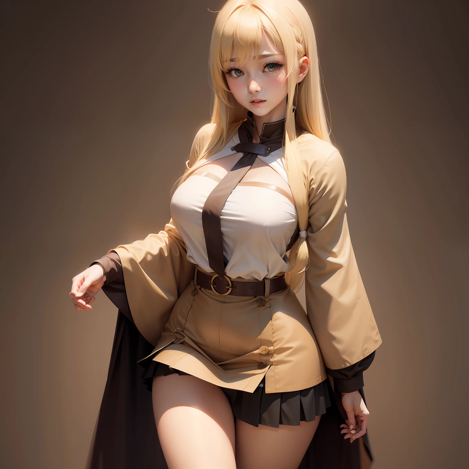 blond hairbl，JK，D-cups，Single horsetail，Short brown skirt，14岁，Whole body diagram，Sepia tunic