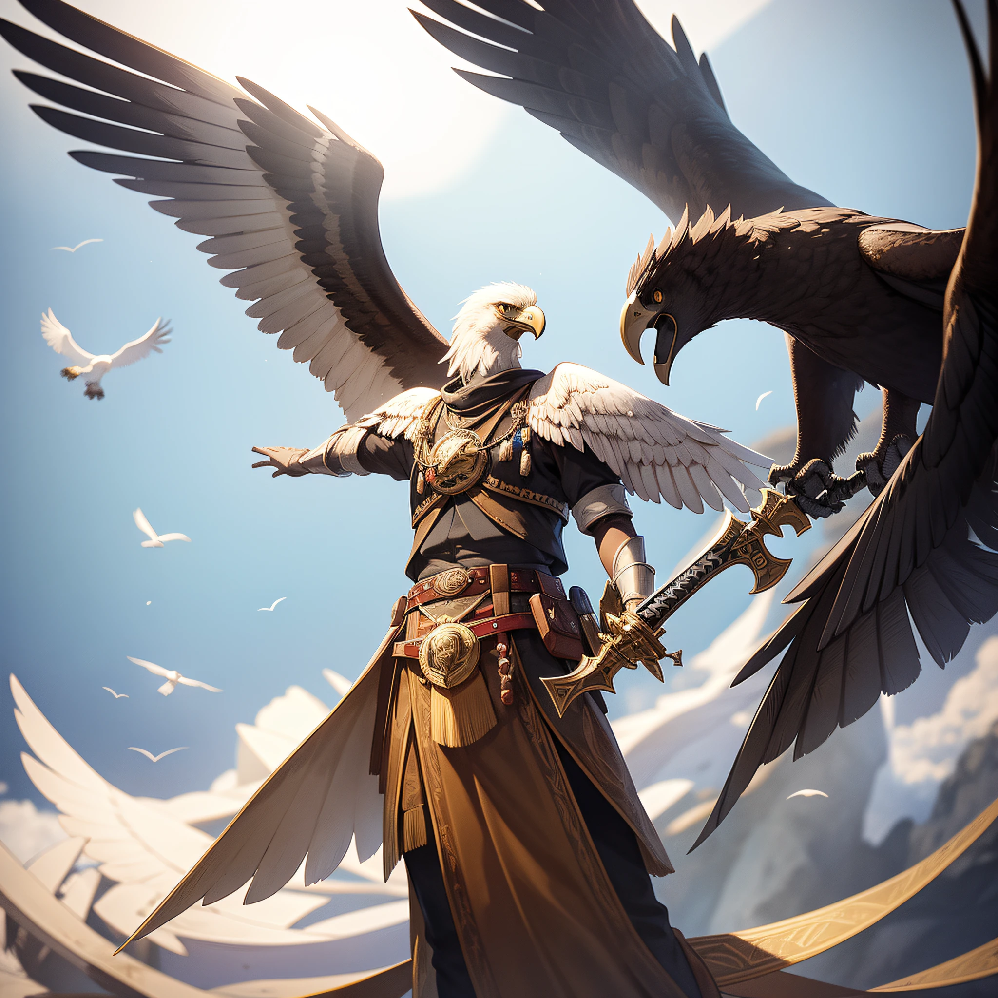 A closeup of a bird with a sword in hand, White eagle icon, black aarakocra eagle warlord, avian warrior, imagem do avatar, icon, Emblema da Sabedoria, with an eagle emblem, Retrato do personagem Baldur's Gate, Character icon, game icon, Baldur Gate, antigo, epic legends game icon, Eagle Logo, aquila, Falvie