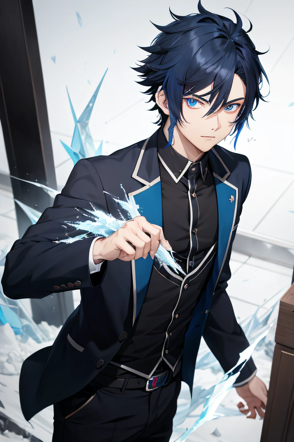 an anime boy with dark blue hair, thick hair with a pointed bang extending between his eyes, cold blue eyes, wearing a classy black japanese school uniform, icy magic effects