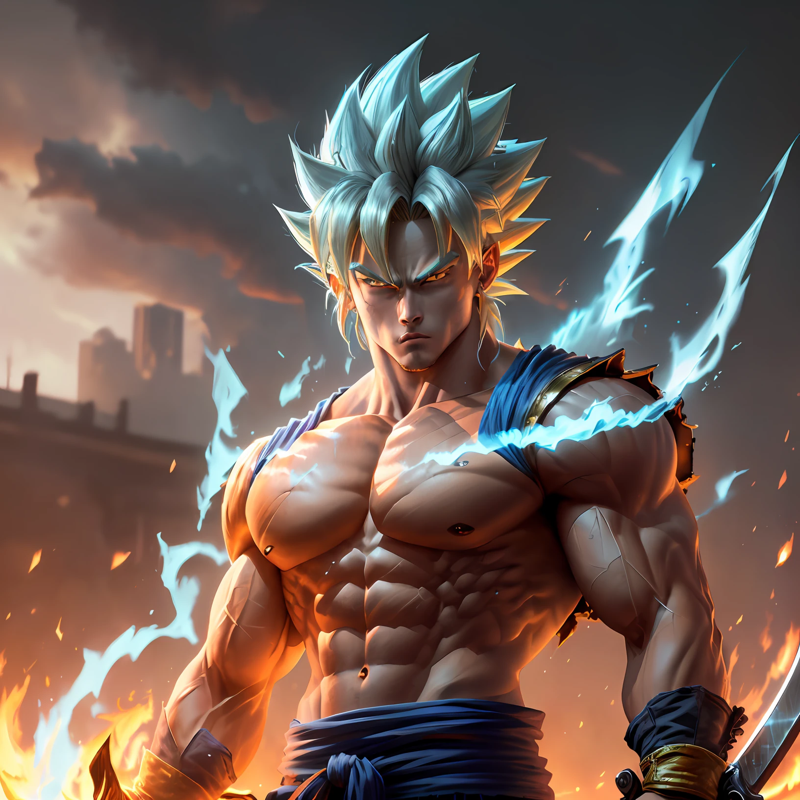 a close up of a person with a sword and a fire, super saiyan blue, photorealistic human goku, badass anime 8 k, portrait shot, super saiyan, epic 8 k hd anime shot, character dragonball, ultra instinct, broly, highly detailed portrait of goku, goku in real life, goku from dragon ball, super saiyan goku