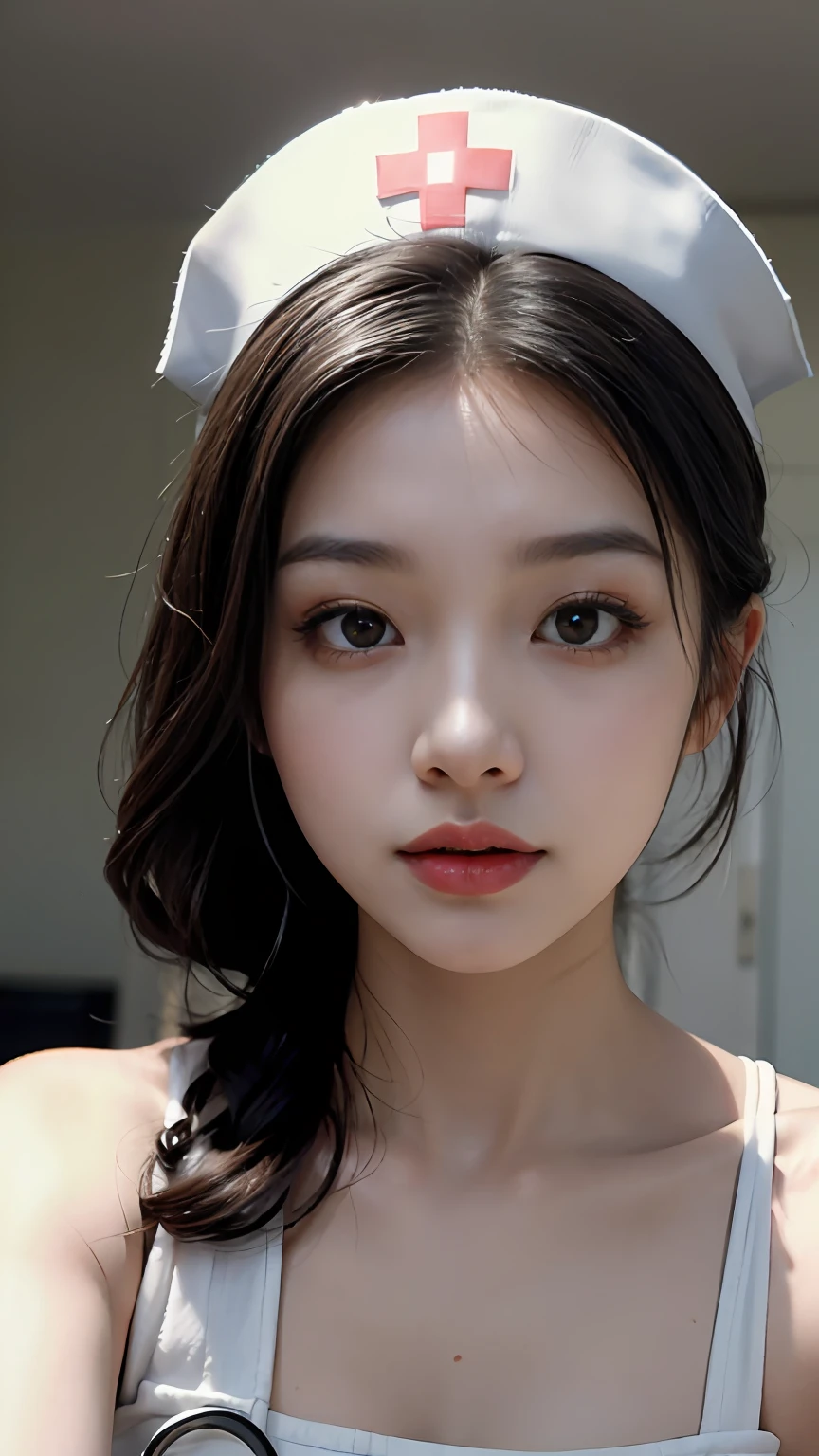 Slender Asian girl, kpop idol, ((nurse)), ((top quality, 8k, masterpiece: 1.3)), crisp focus: 1.2, beautiful woman with perfect figure: 1.4, highly detailed face and skin texture, detailed eyes, ((skinny)), beautiful face, symmetrical face, full-length, sexy