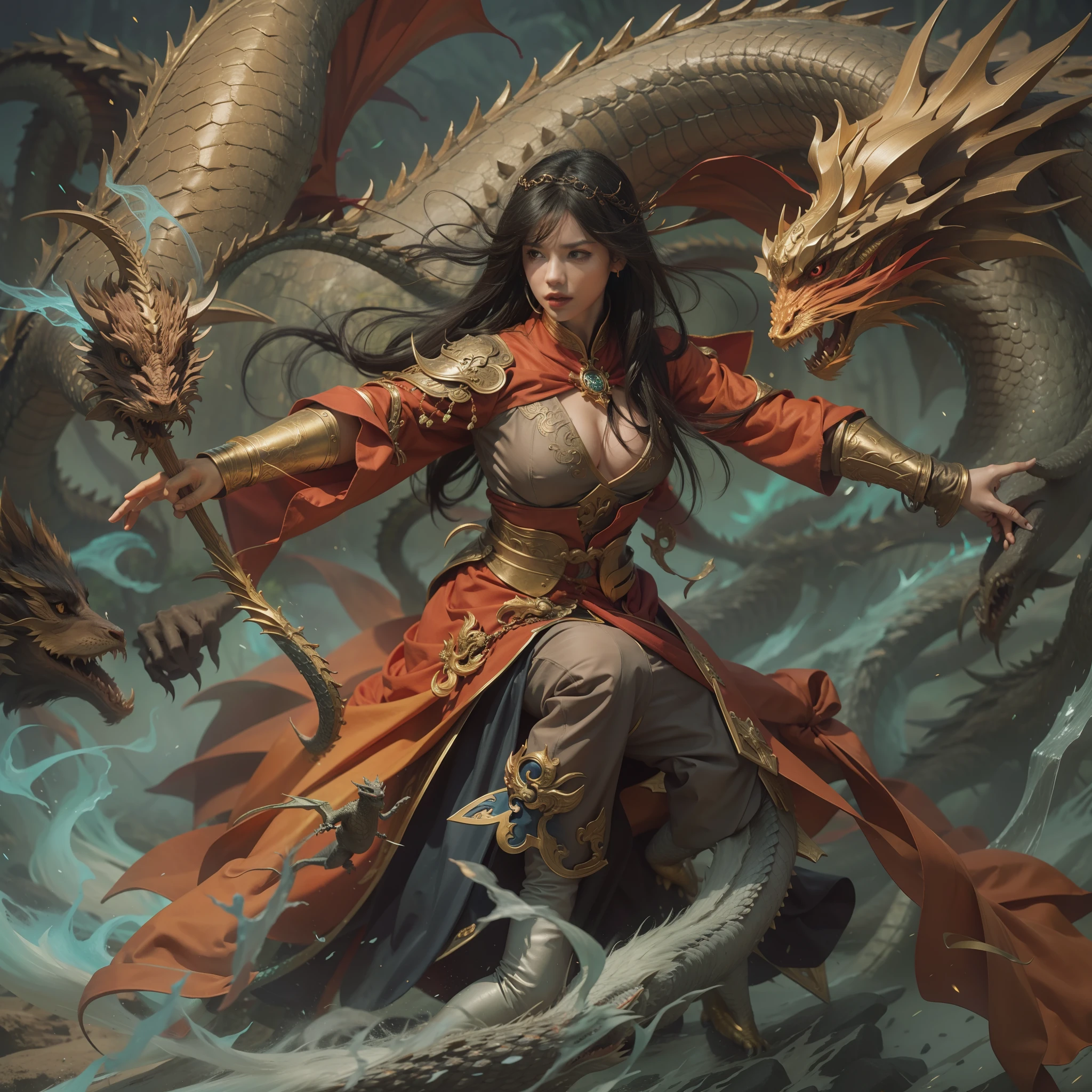 The dragon,Wizard fighting dragons,Wizard Woman