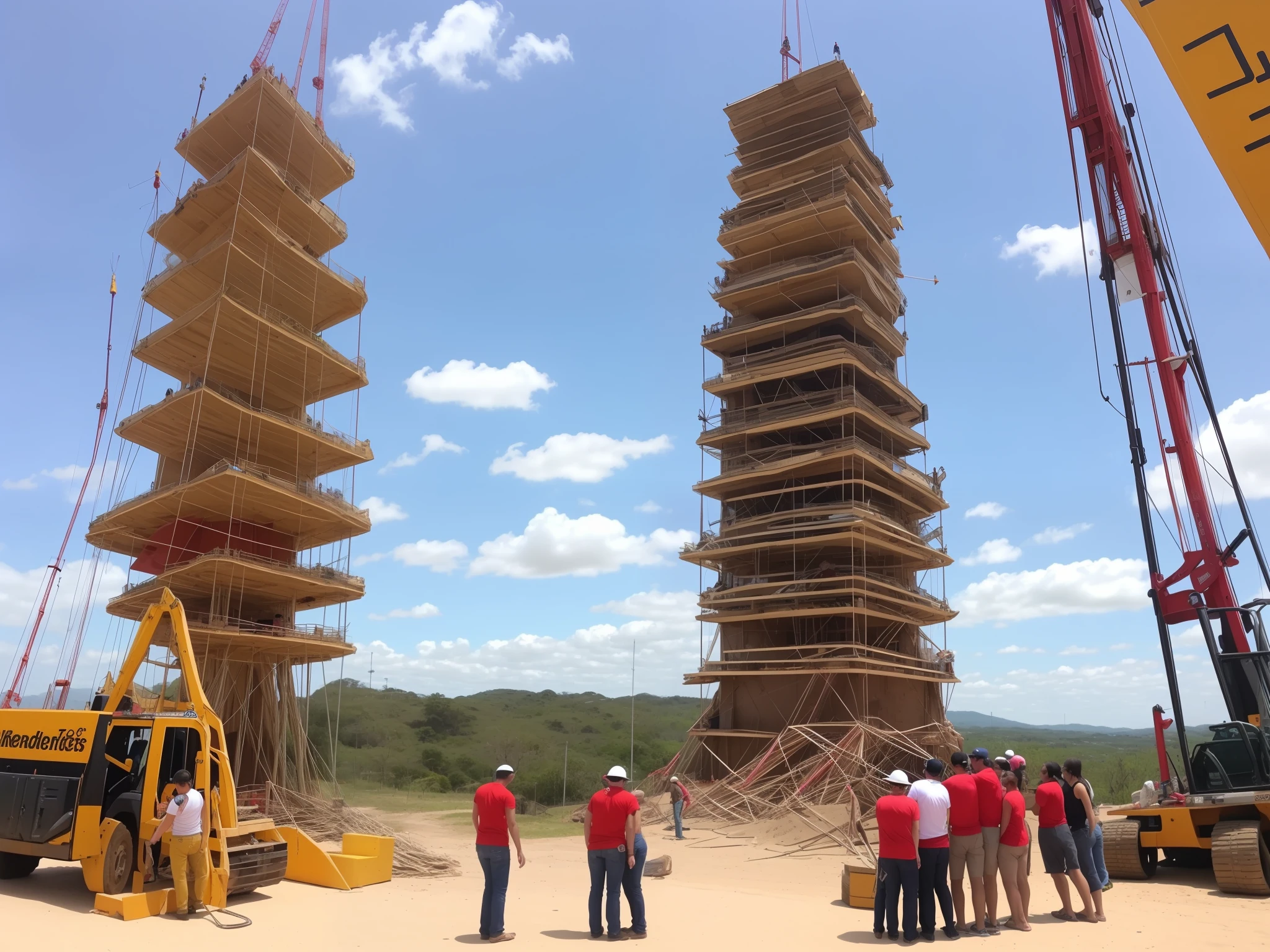 Pessoas construindo uma grande torre.