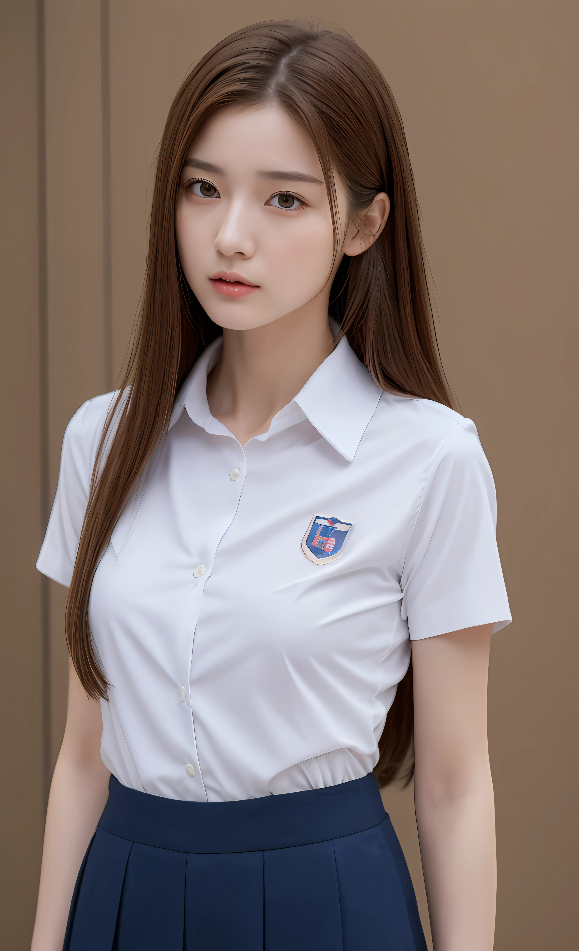 Cute 1 woman with perfect figure: 1.4, slender abs: 1.3, ((light brown hair, realistic big: 1.2)), 1.5 (wearing a school uniform, miniskirt) with highly detailed face and skin texture, detailed eyes, double eyelids, (ulzzang-6500:0.7), nip slip pants visible (1.5)