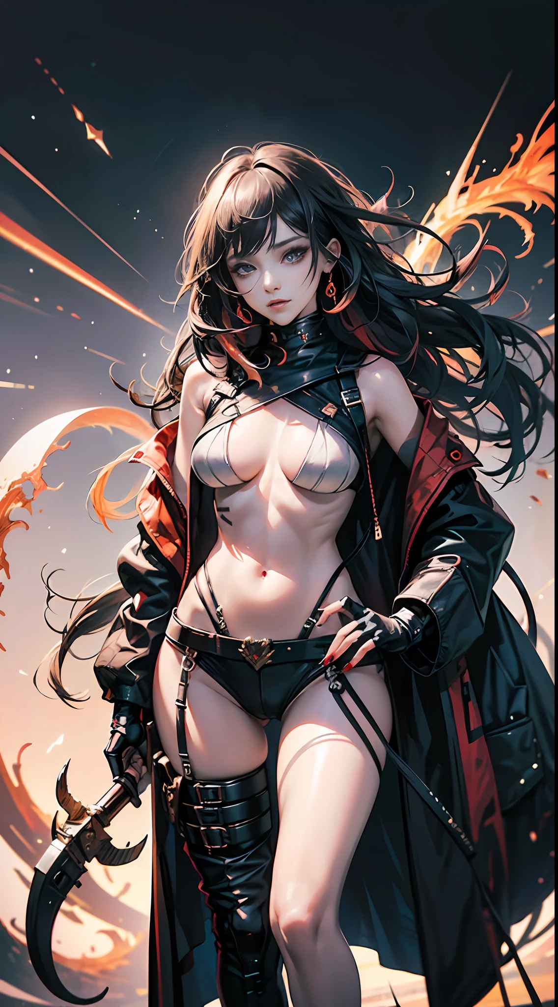 1female ,A beautiful woman with a superb figure ,Extreme female body,oppai,Attractive groin,Very thin waist,beautifullegs, Around 25 years old,pretty eyes ,(Extremely high level of makeup ,(Theatrical makeup),Pink eyeshadow,A bit of smoky makeup) ,(Black hair) ,((belly-bar),colours(rot),(Cang),(brown) ),Nice fingers((Correct fingers),(Normal human hands,Consistent with human dissection),(Slender fingers) )(Red manicure,Long nails,A red halo snakes through),fully body photo。8k hdr,extreme hight detail,tmasterpiece,Highest image quality,A picture reminiscent of nonsense,Enrich the picture,Colorful bright background,Psychedelic light and shadow effects。Highlight the characters,Clear and vivid,Clear face。(Bloody Full Moon as the background center (milky ways )(meteors)Decoration around)。Aesthetic principles,Large depth of field,Transparency effect,Official artwork。 --auto