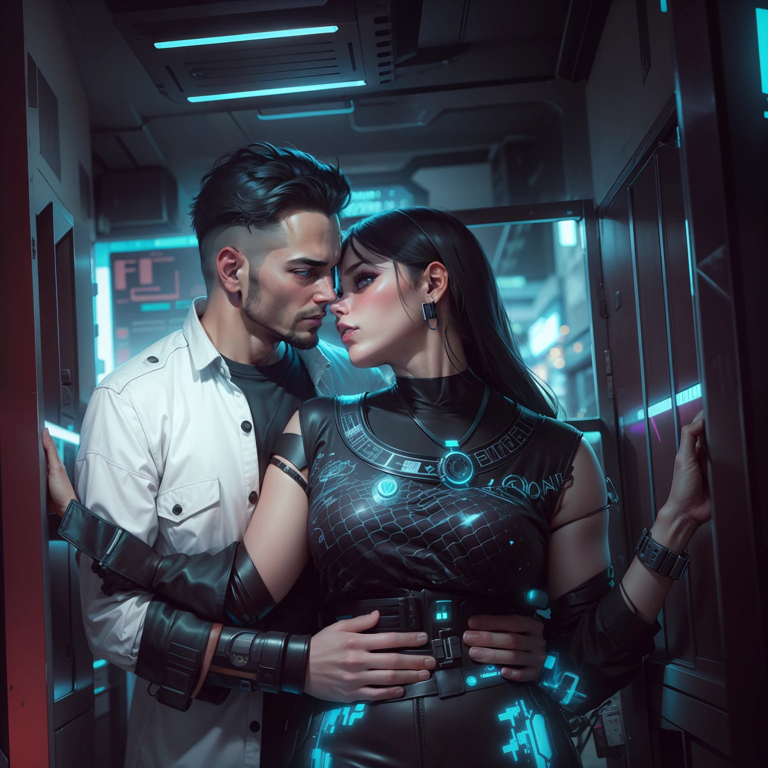 Background change cyberpunk, realistic, sweet couple, toddler face,