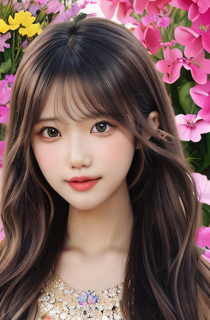 hippie girl, long colorful hair, radiant face, sparkling eyes, dd cups, background flower garden,