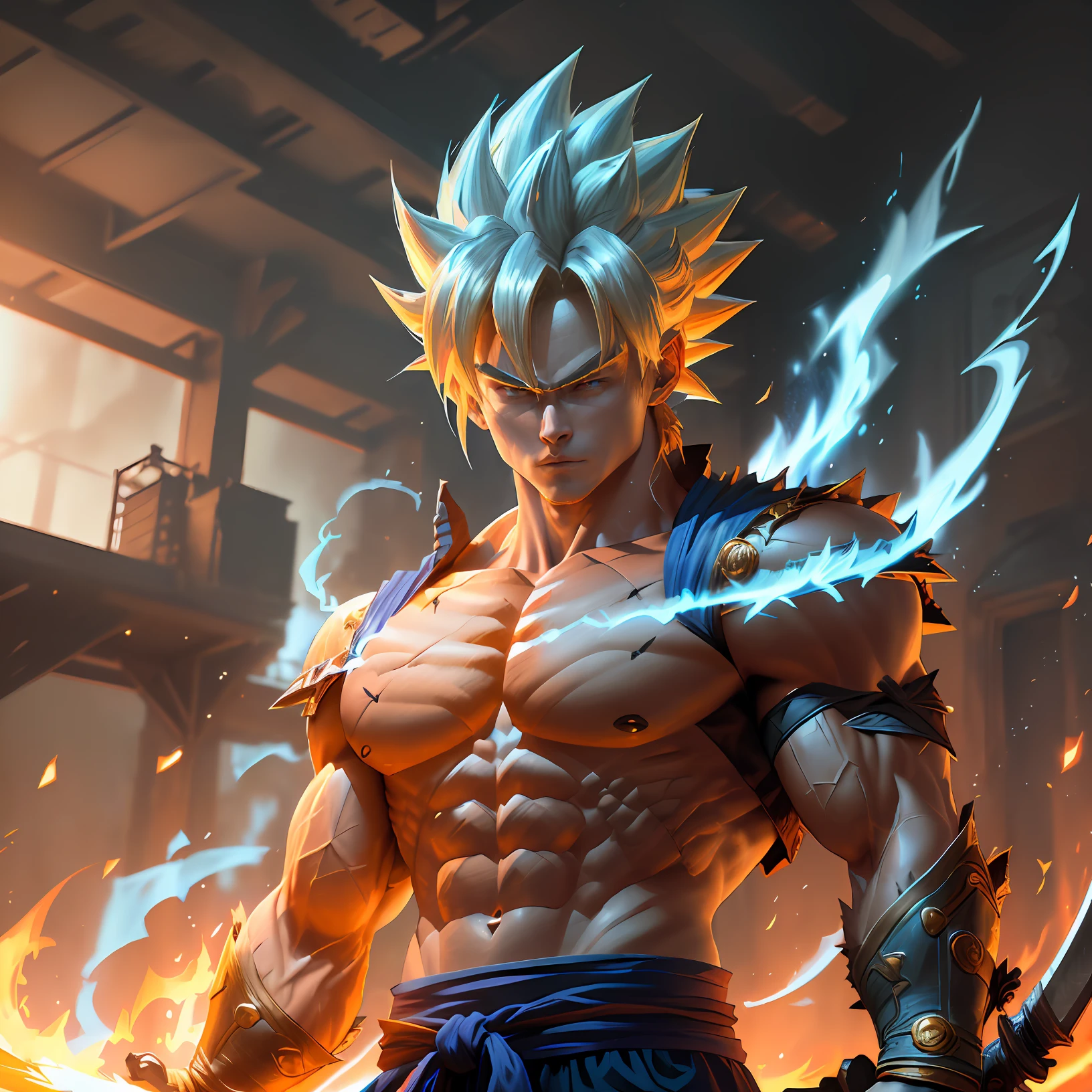 a close up of a person with a sword and a fire, super saiyan blue, photorealistic human goku, badass anime 8 k, portrait shot, super saiyan, epic 8 k hd anime shot, character dragonball, ultra instinct, broly, highly detailed portrait of goku, goku in real life, goku from dragon ball, super saiyan goku