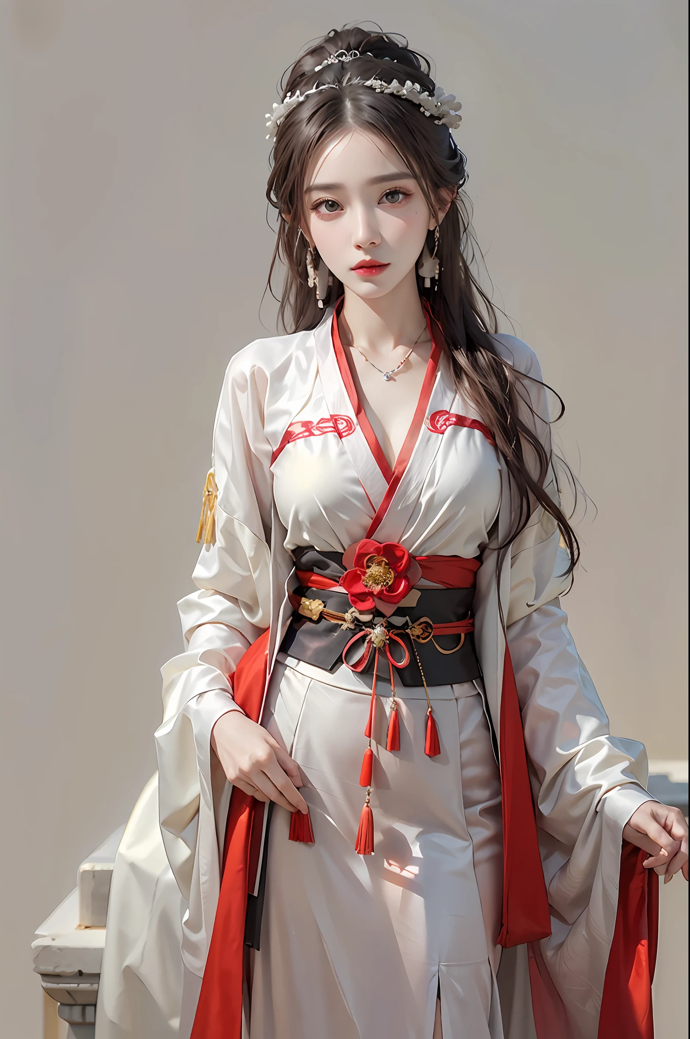 photorealistic, high resolution, 1 women, solo, hips up, beautiful eyes, long hair, red wedding hanfu, red dot on forehead chinese, gorgeous accessories, wearing pearl earrings