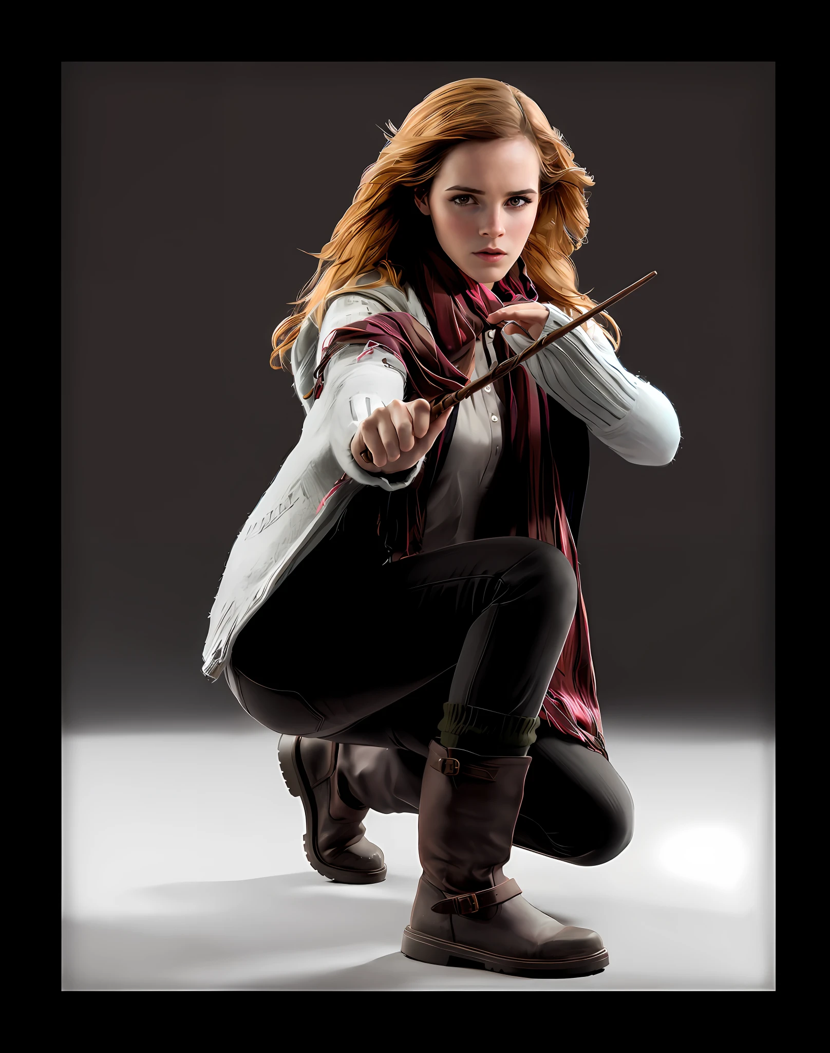 Woman in white vest and black pants crouched with a bow, Emma Watson como Hermione Granger, Emma Watson como Harry Potter, Emma Watson como Cavaleiro, Hermione Granger, Emma Watson como Driada, Hermione, Emma!! Watson!!, Emma Watson como Galadriel, varinhas de segurar, holding the elder wand, segurando uma varinha