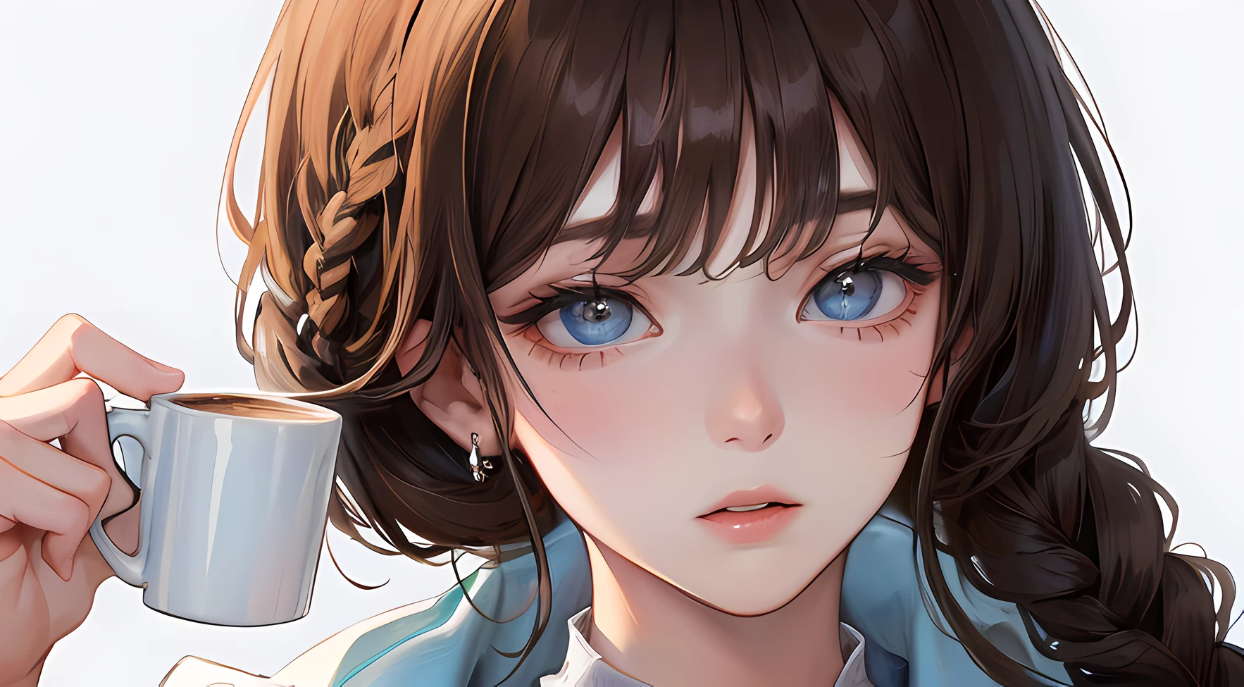 (Top resolution、distinct_image) best qualtiy、(((1人の女性)))、tmasterpiece、The is very detailed、white backgrounid、Drinking coffee、eye glass、Semi-realistic、Brown hair、Braided hairstyle、deadpan、By bangs、21 years old、mature、年轻、White blouse、Blue background、exquisitefacialfeatures、Facial features、Medium Shot Shot、