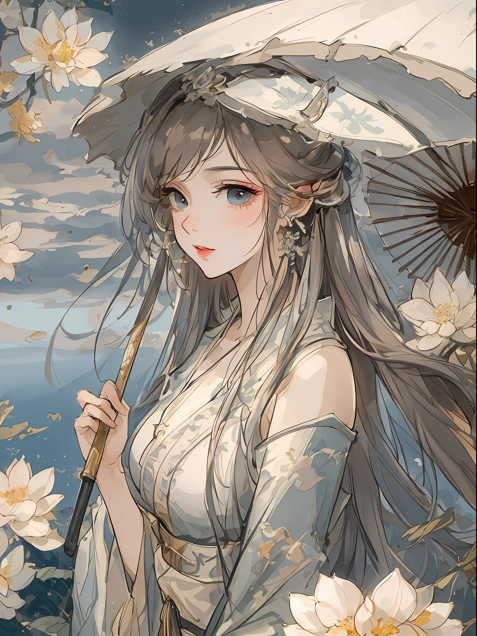 Masterpiece, Best quality, offcial art, 8K wallpaper, Highly detailed, illustration, 1 girl, Beautiful side face,whaite hair, long and flowing hair, Detailed eyes, SakuraNS, Small lake,Pavilion,oil-paper umbrella,rain,Chinese style painting,Sophisticated attire,lakes, Pure, Soft smile,Very large full moon,