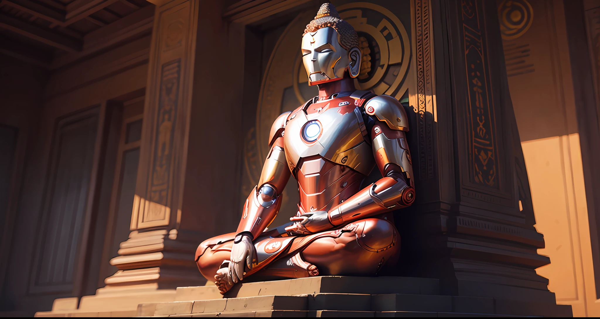 Buddha wearing an Iron Man mask meditating in a Hindu temple --auto