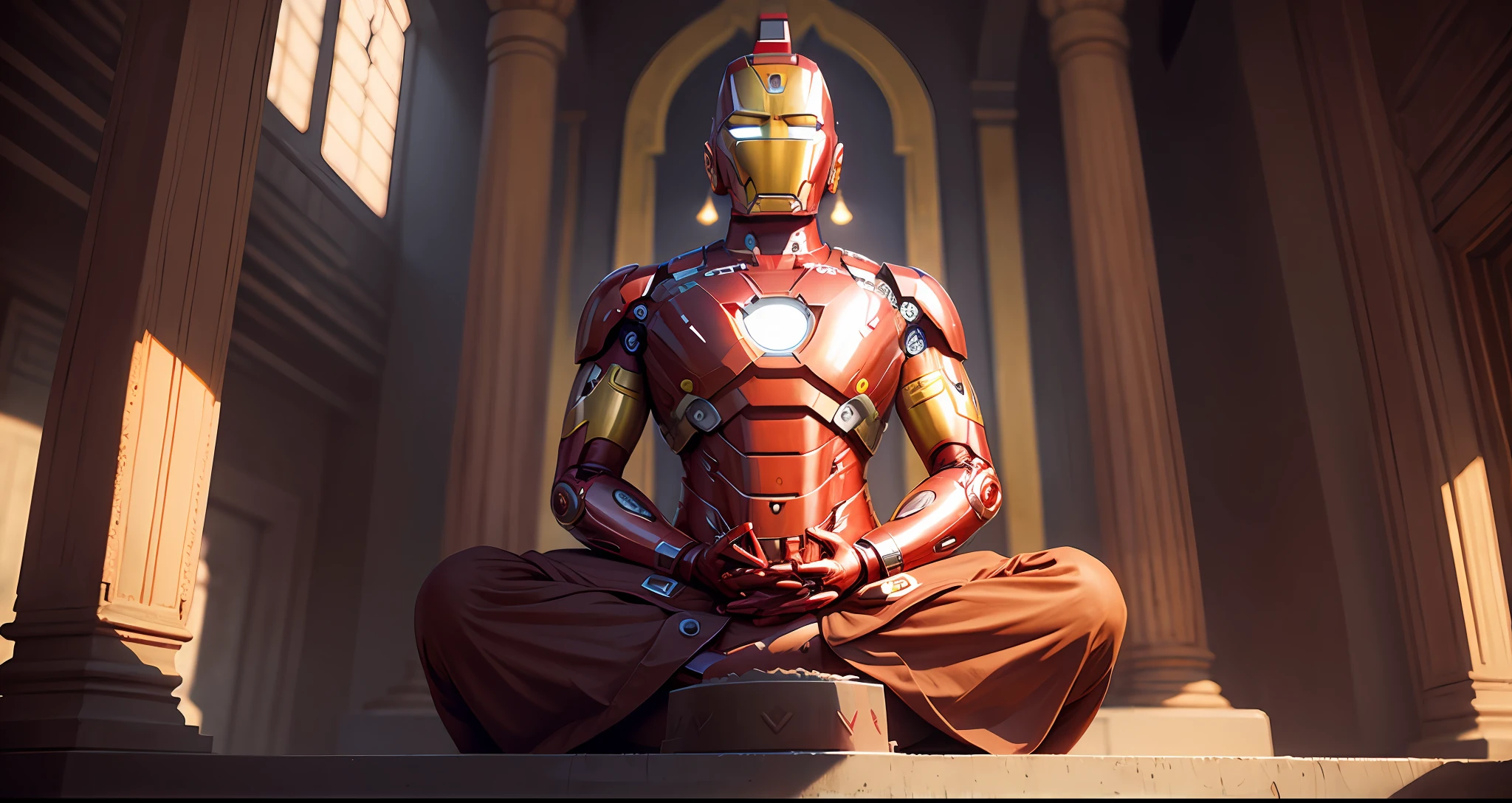 Buddha wearing an Iron Man mask meditating in a Hindu temple --auto