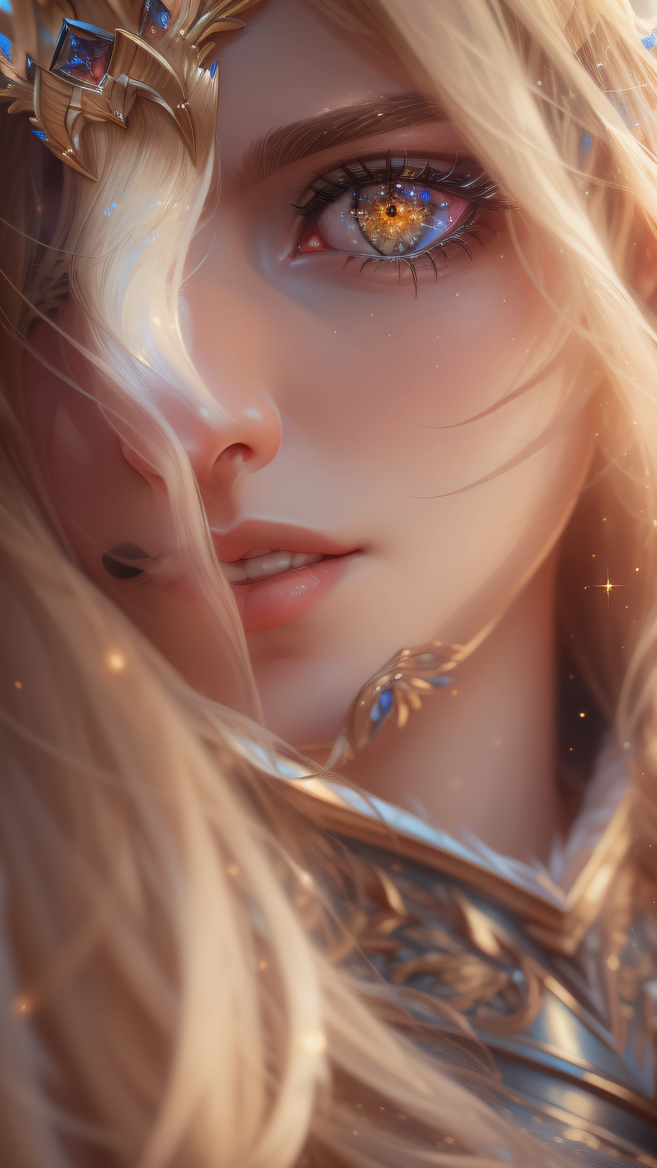 ((Masterpiece)), ((Best Picture Quality)), Extremely realistic, atenea, full bodyesbian, Blonde shiny hair, Sparkle golden eyes, Elegant female face, Intimate armor, Highlight the kingly momentum, Popular ArtStation style, Sharply focused studio photos, complexdetails, The is very detailed, Detailed eye illustration, Sharply focused digital rendering, Professional 4K level。