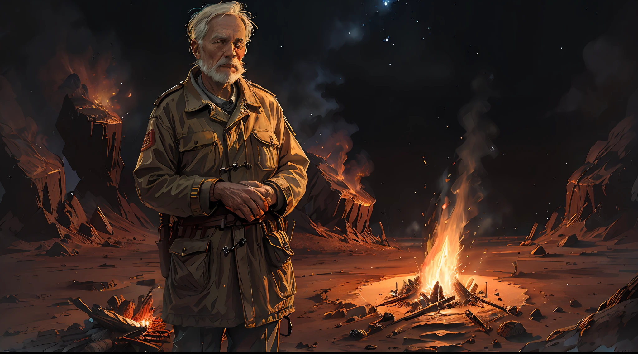 Older man standing by the campfire