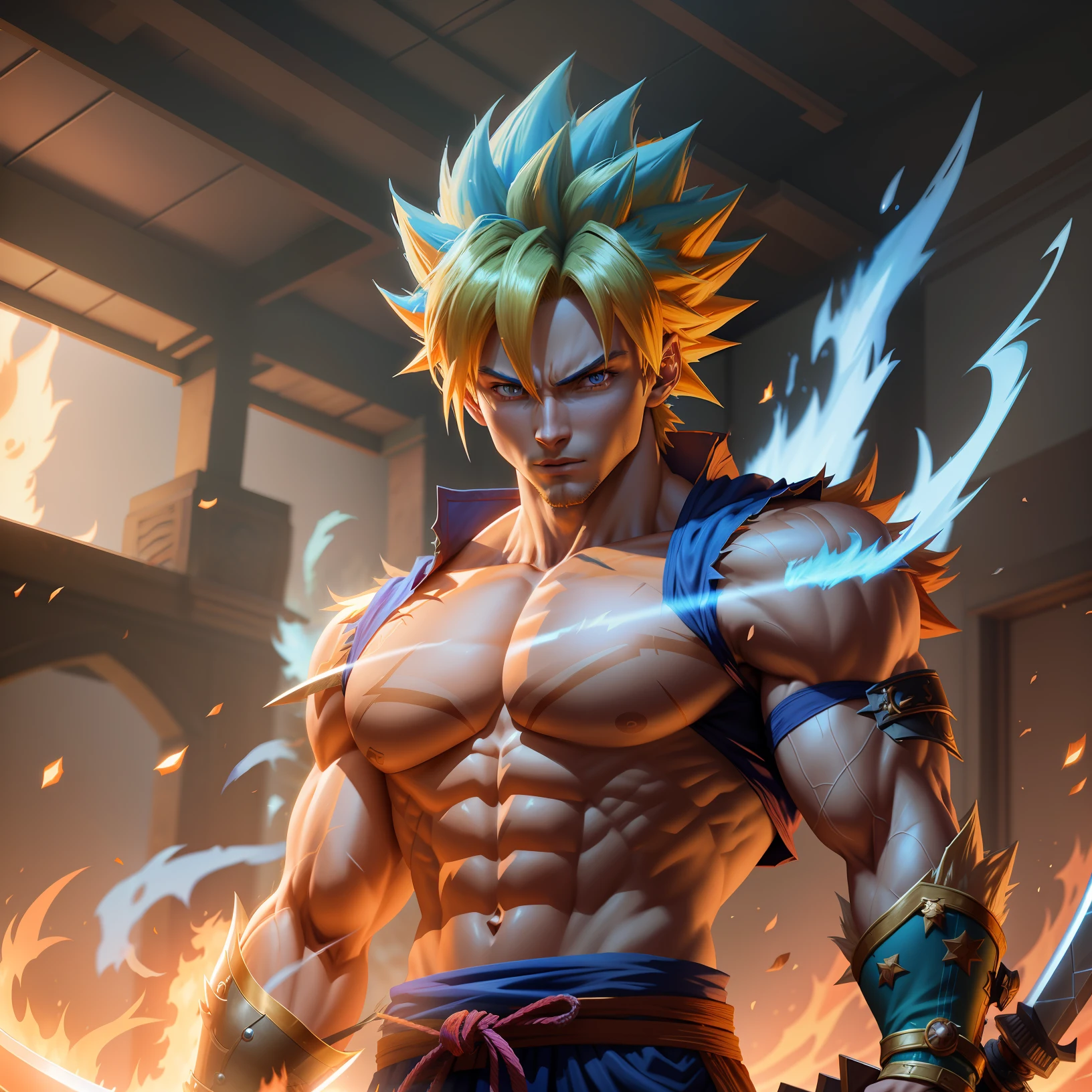 anime character with a sword and fire in his hands, badass anime 8 k, photorealistic human goku, highly detailed portrait of goku, ultra instinct, super saiyan blue, portrait of goku, detailed digital anime art, 2. 5 d cgi anime fantasy artwork, 8k high quality detailed art, super saiyan goku, advanced digital anime art, super saiyan