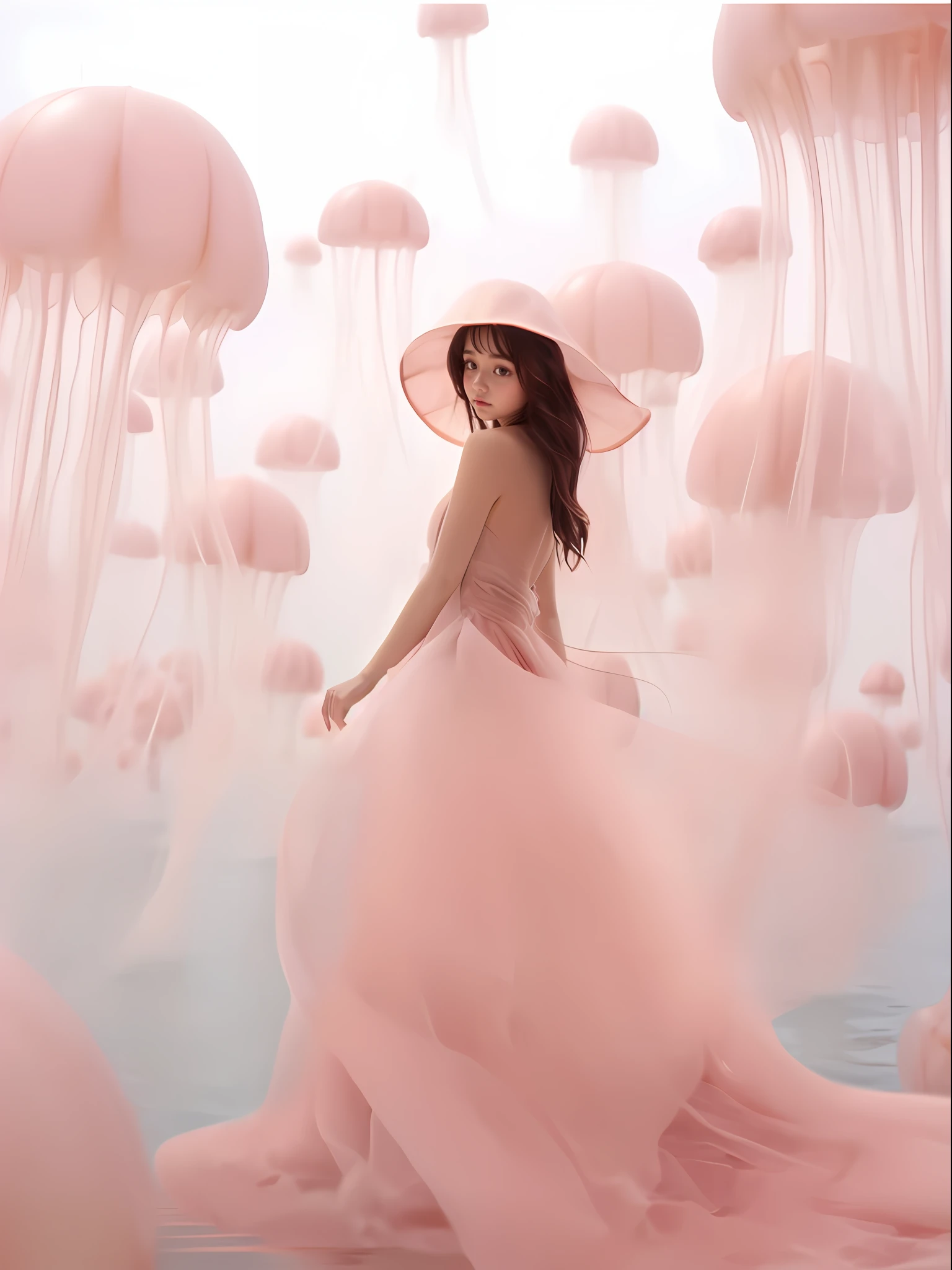 Little girl in pink dress and hat with Arapi standing in a sea of jelly, Pink jellyfish are everywhere, jellyfish priestess, Ethereal and dreamy, Dreamy and ethereal, jellyfish headdress, heaven pink, jellyfish pheonix, very magical and dreamy, in pink forest, jellyfish pheonix, jelly fish dancing, photoshoot, Dreamy, jellyfish, author：Chen Tingfo
