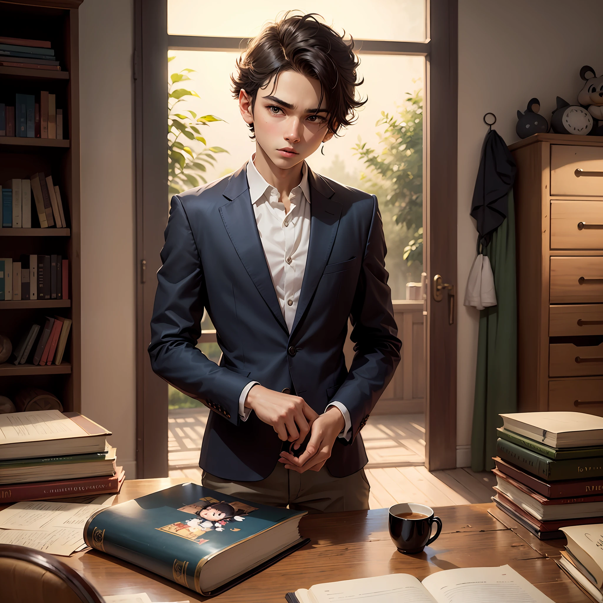 , 13 anos, with expression would be, cabelos negros, olhos castanhos, alegres e marcantes,vestido com um terno elegante, em uma livraria, escrevendo em um livro estilo cartoon, estilo personagens Disney, Imagem de melhor qualidade --auto