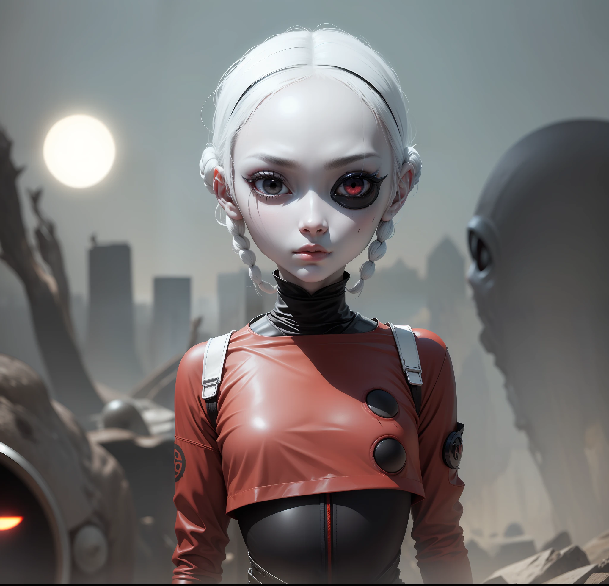 An alien female white skin black eyes as if they were two dark sun lenses.