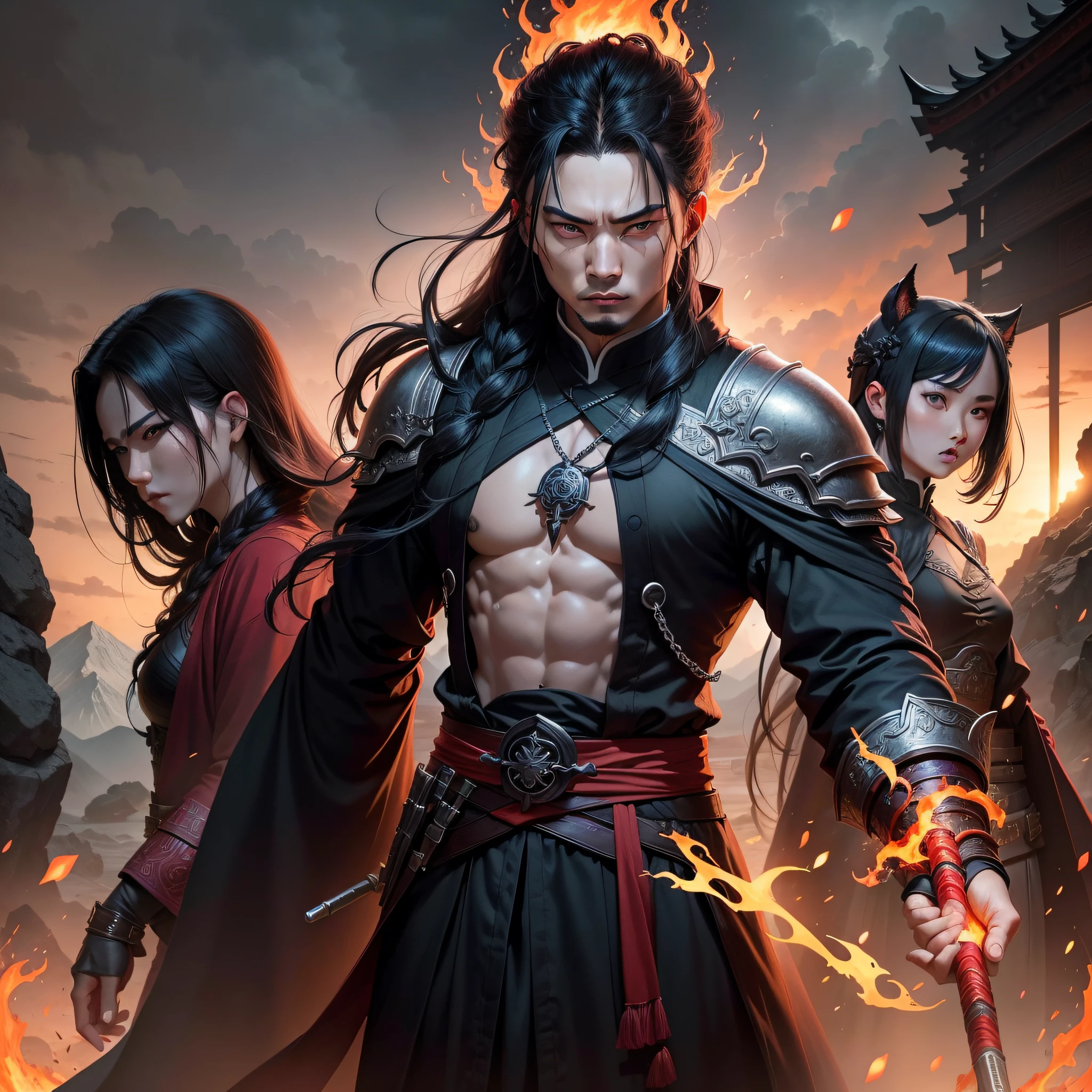 Character description:The god killer squad sent by the Great Xia Dynasty cooperated with the Asura God Lin Fan,Prepare to fight the Four Horsemen of the Apocalypse。They wore black robes,The robe is embroidered with a red flame pattern,Show their majesty and strength。Their expressions were firm and grim,The look in his eyes revealed fearlessness and determination。Their hair is distinctive,Some have long flowing hair,Dance with the wind,Symbolizes their freedom and wildness;Some have short hair and are neat,Show their discipline and combat effectiveness。Hair comes in a variety of colors,Some are dark black,It gives a mysterious and powerful feeling;Some are fiery red,As if burning with the passion of fighting。scene,They stood in ruins,Ruins all around,Broken stones and traces of flame burning are everywhere。The sky is filled with clouds,Lightning streaked by,Adding a touch of tension and danger to the whole scene。Behind them was a tall mountain,The peaks are covered with dense woods,It gives a mysterious and precipitous feeling。The whole picture,The cooperation of the God Killer Squad with the Asura God Lin Fan,Show their unity and strength,And the confrontation with the Four Horsemen of the Apocalypse,It gives a tense and intense atmosphere。