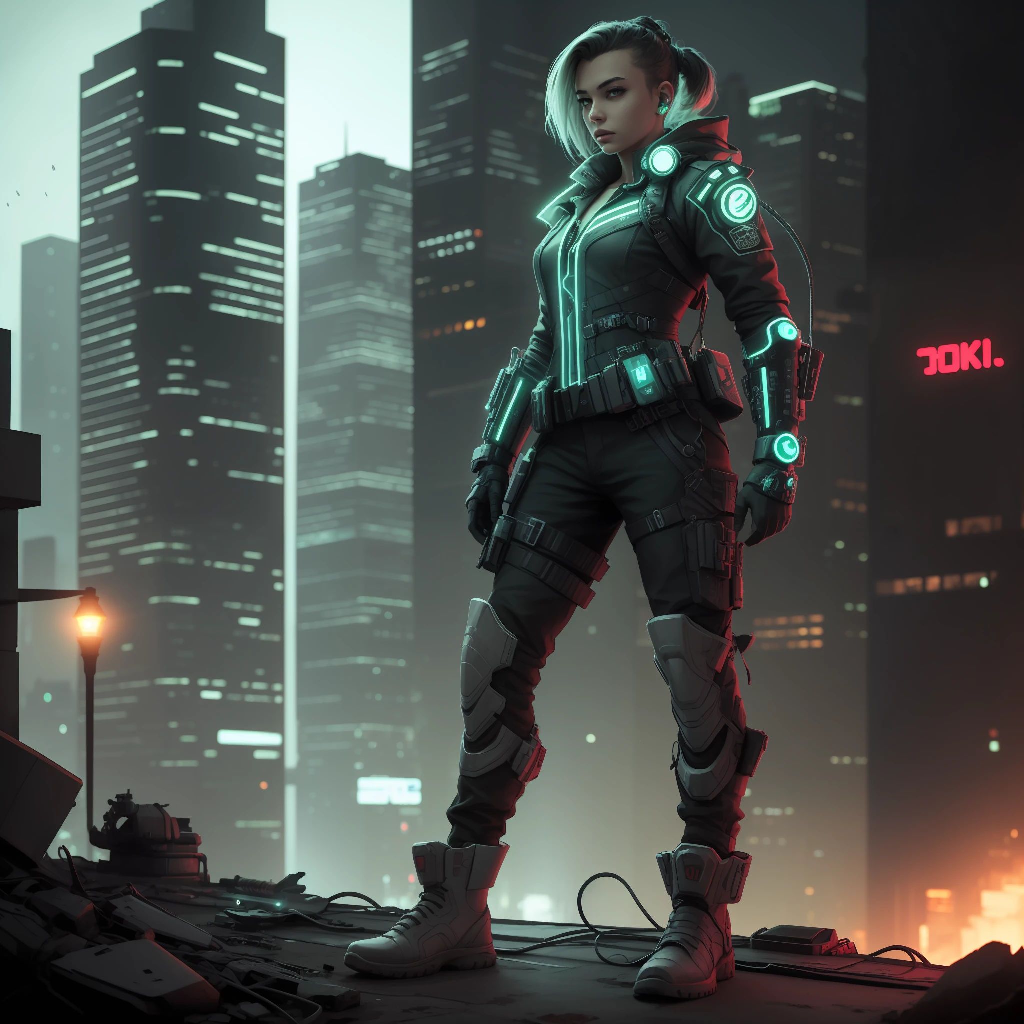 Description of a cyberpunk soldier character with neon lights indicating description, altura, dimensiones y otros detalles, en formato de bosquejo --auto --s2