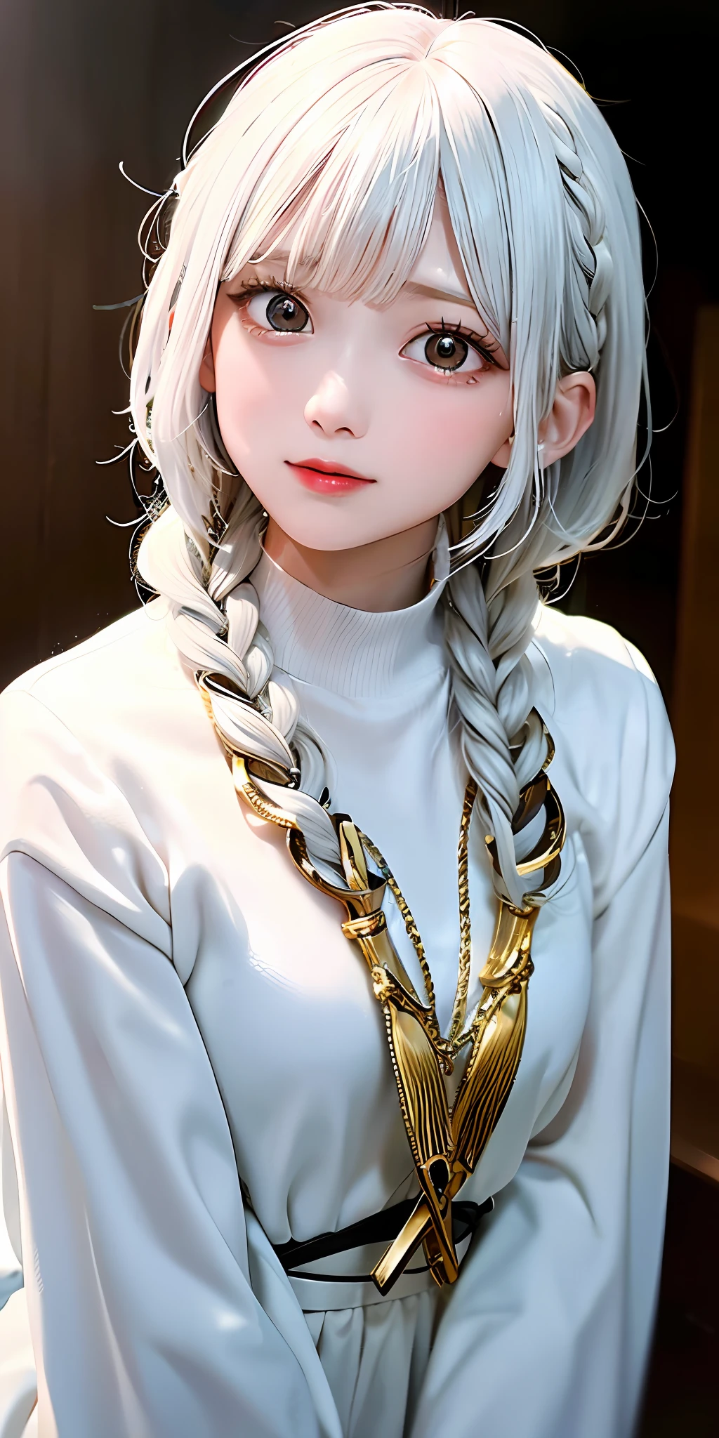 best quality, masterpiece,white hair, gold eyes,white clothes, looking up, upper body,hair strand,Fair skin,side braids