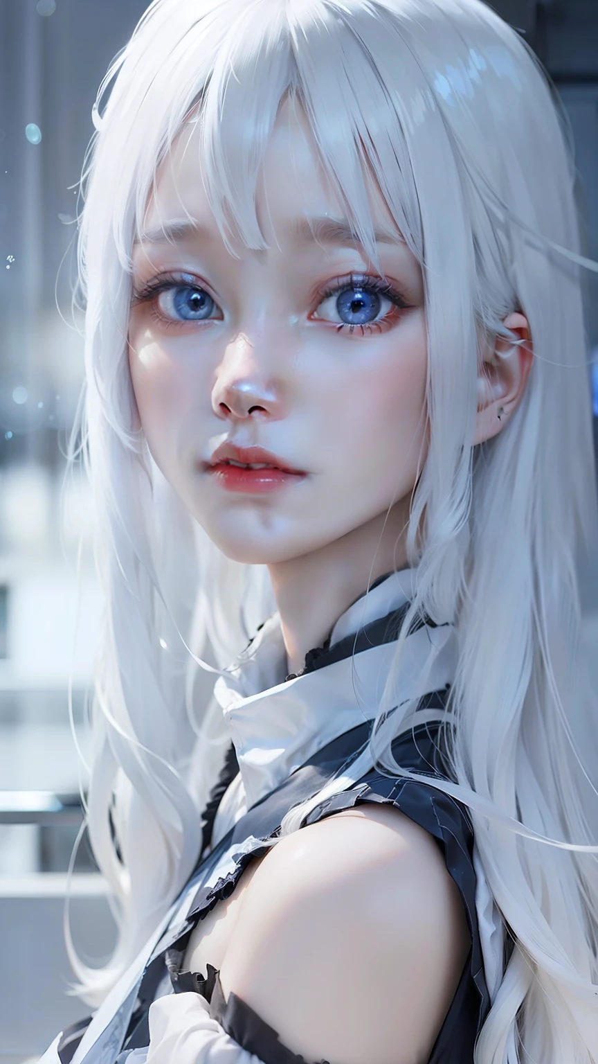 1 girls,Albino, white hair, blue eyes, ultra realistic , smart blur, smart lighting