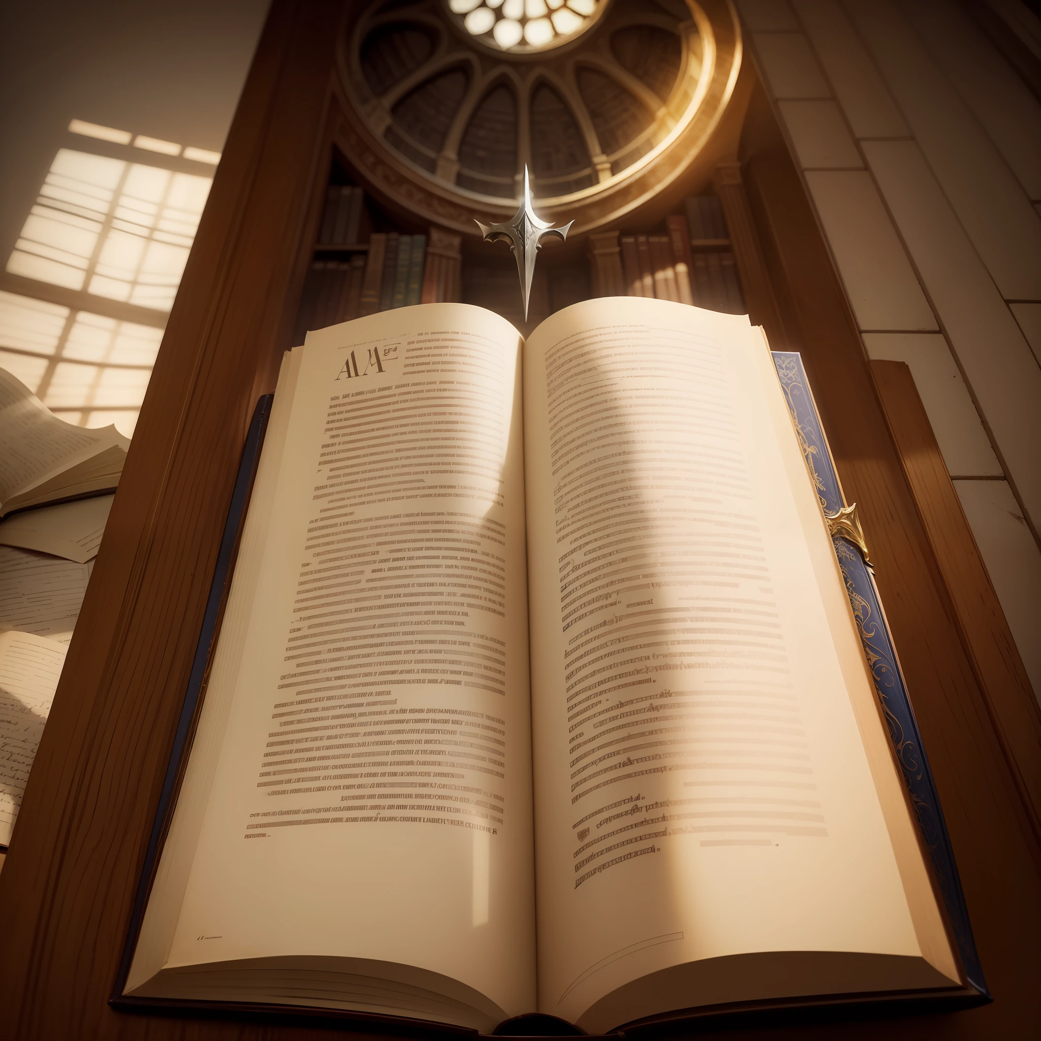 Amid the gloom of an old library, a soft light delicately illuminates a Bible of worn leather and yellowed pages. De repente, the stillness is broken by a low, unsettling bang. A capa do livro se abre lentamente, Revealing handwritten pages in a long-forgotten language. Uma energia pulsante emana das linhas e, with a flash of golden light, A majestic sword emerges from the depths of the sacred pages. Com um brilho divino, a espada agora paira no ar, pronta para desafiar as trevas e proteger os segredos ancestrais ali guardados.