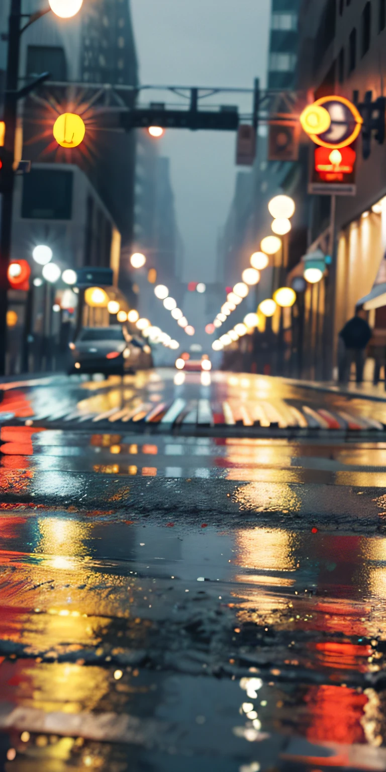 realisticlying, best qualityer, tmasterpiece, City streets on rainy days, Road detail background bokeh