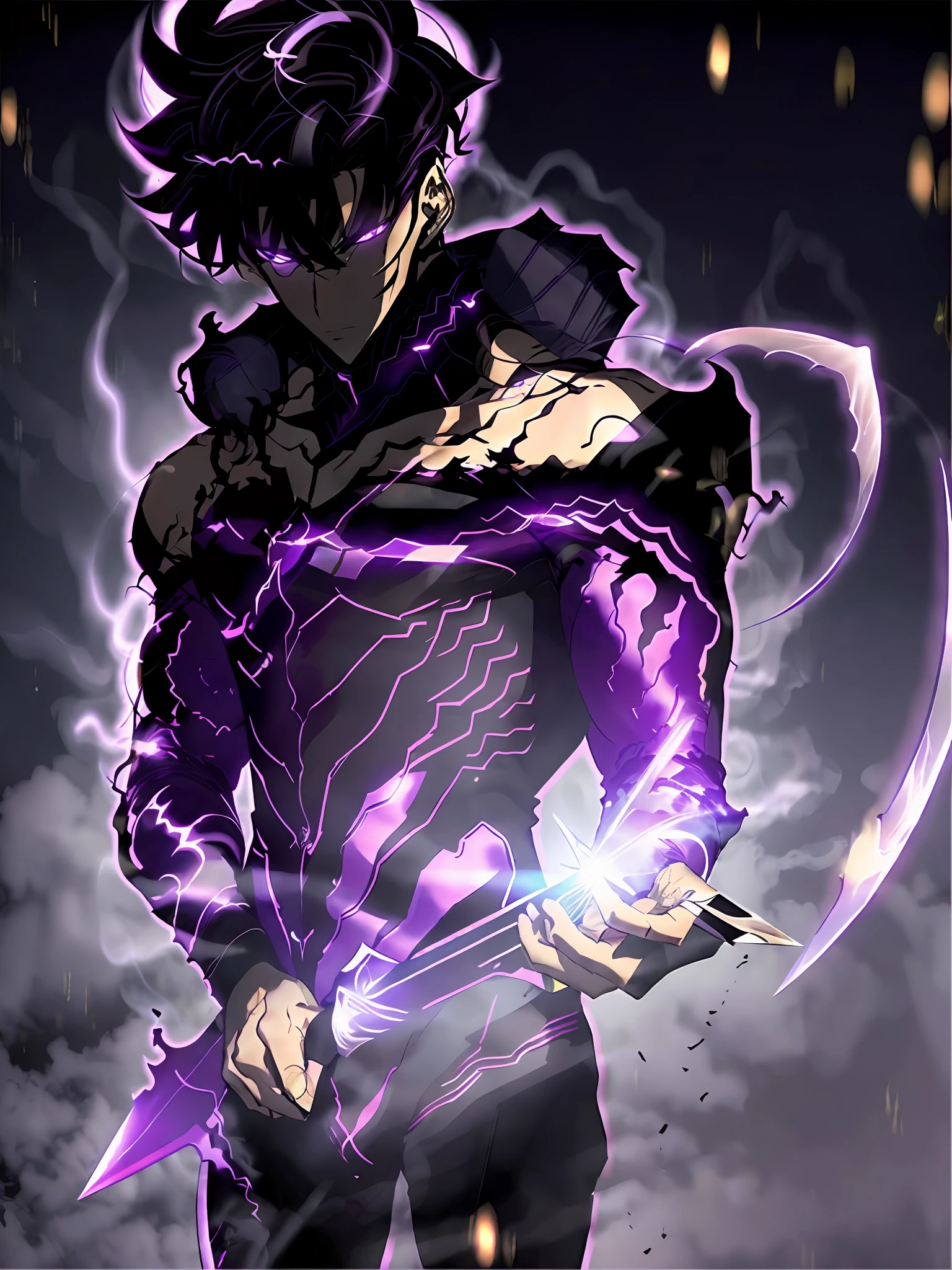 1 man 20 years old, handsome body, cool face, black hair, purple eyes, trained, black suit, dark city view, solo, many cool poses, holding a beautiful small sword.