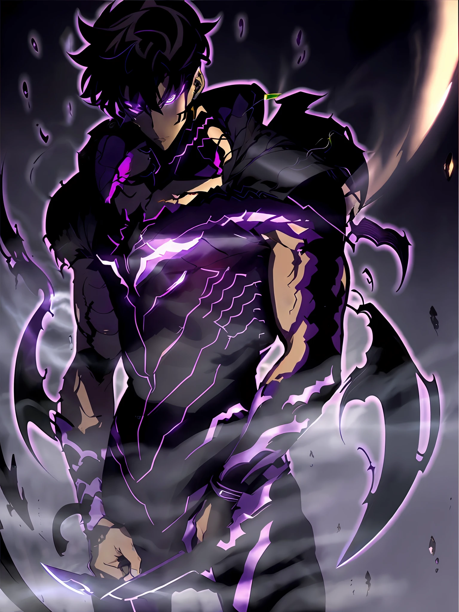 1 man 20 years old, handsome body, cool face, black hair, purple eyes, trained, black suit, dark city view, solo, many cool poses, holding a beautiful small sword.