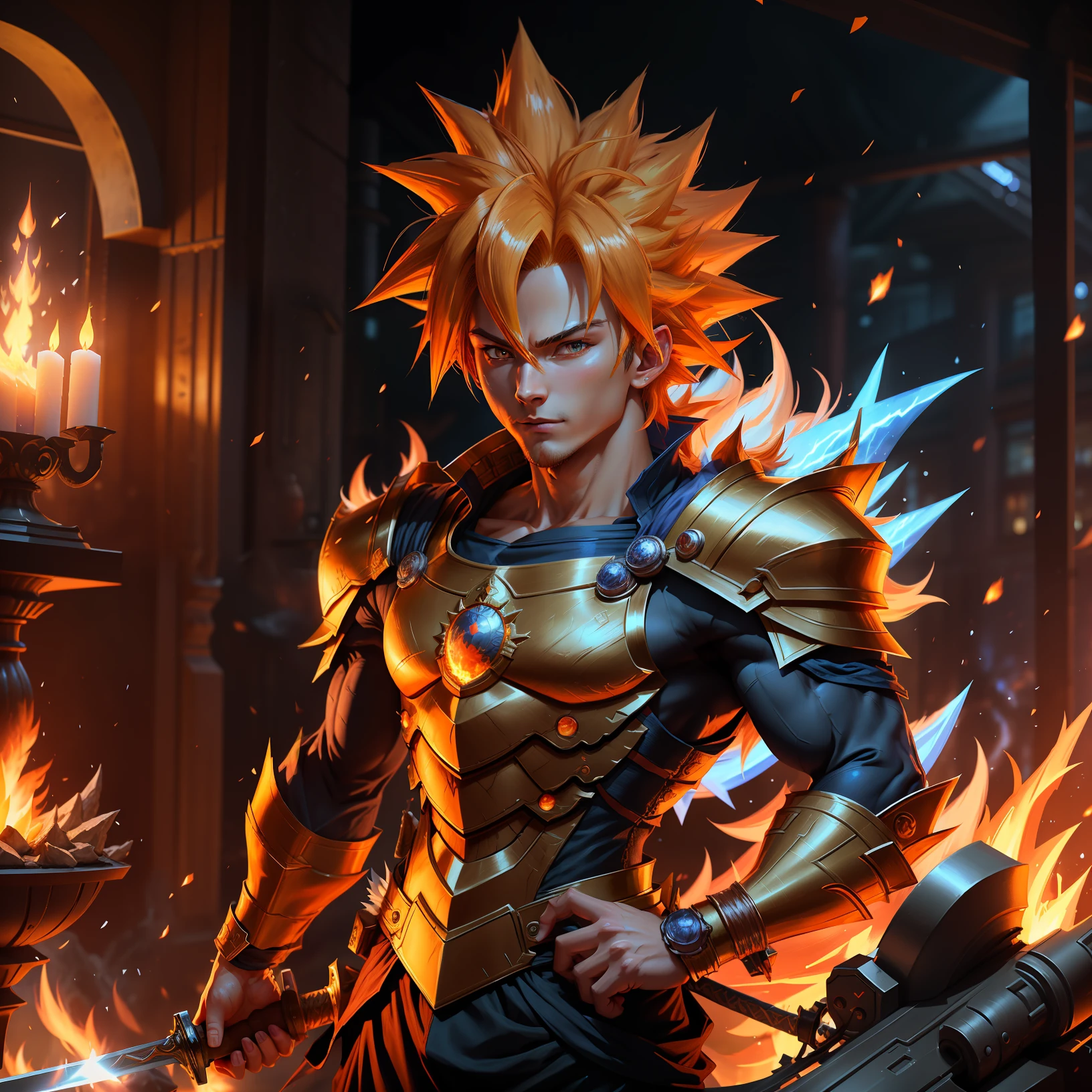 anime character with a sword and fire in his hands, badass anime 8 k, photorealistic human goku, highly detailed portrait of goku, ultra instinct, super saiyan blue, portrait of goku, detailed digital anime art, 2. 5 d cgi anime fantasy artwork, 8k high quality detailed art, super saiyan goku, advanced digital anime art, super saiyan