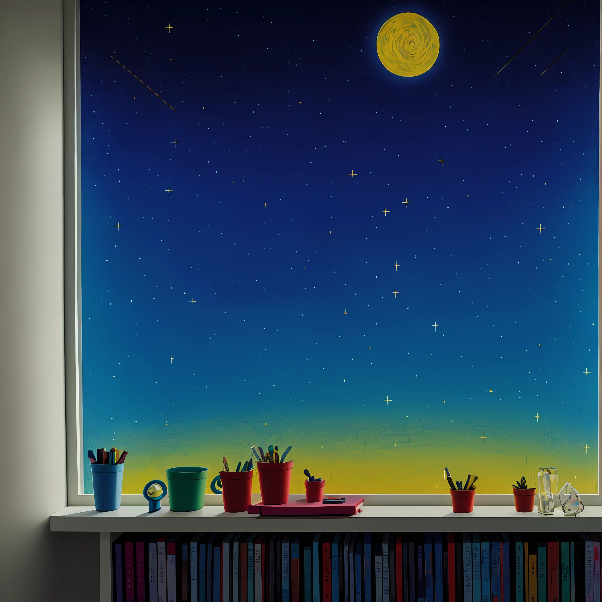 A children's bedroom window showing the night sky, noite estrelada, Quarto escuro, Pixel Art