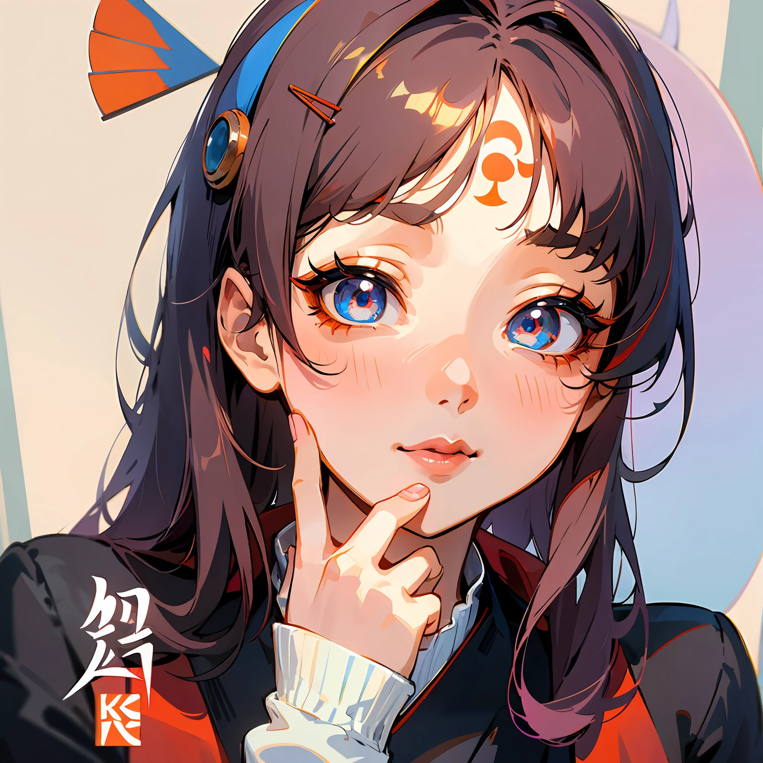 ((Q version anime style)),A incredibly cute and beautiful anime air bangs little girl, Orange-red lipstick,wearing a blue hair clip on her head, beautiful eyes, and exquisite facial features,Wear a blue and white sweater,Arad woman with long hair, ulzzangs, wan adorable korean face, young lovely Korean faces, popular korean makeup, with round face, Fluffy bangs, Popular Korean makeup,