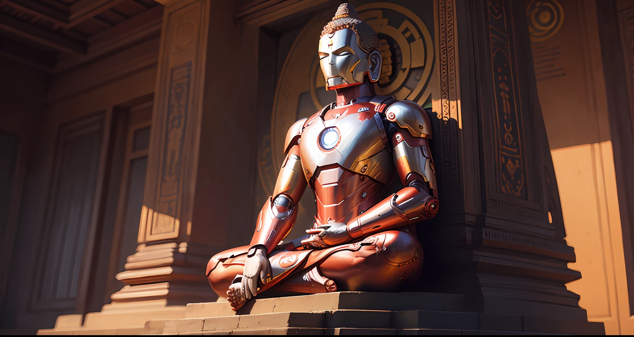 Buddha wearing an Iron Man mask meditating in a Hindu temple --auto