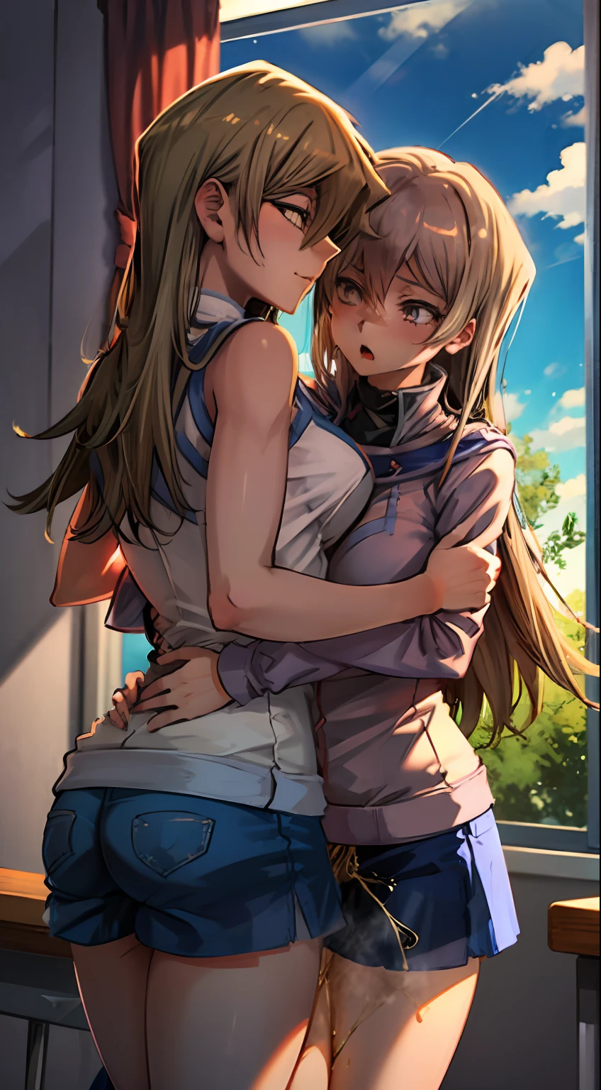 Two women having fun in school classroom、obscenity:1,2、Metamorphosis:1,2、Lesbian Mika:1,2、Grabbing each other's buttocks、Asuka in the Heavenly Court、Deep kissing、cowboy  shot、white  shirt、 shortpants、お漏らし、tre anatomically correct、